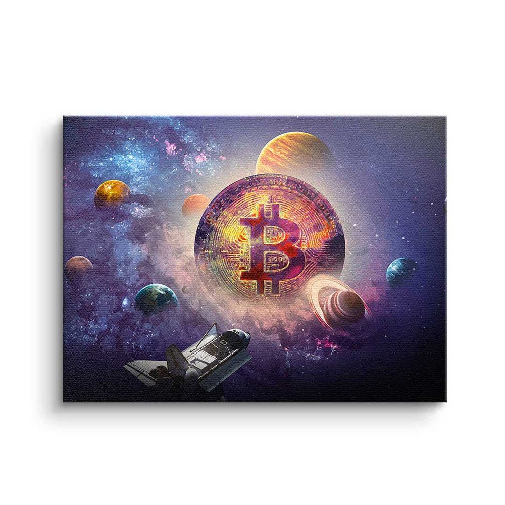 Bitcoin Leinwandbild Rahmen - - Universum Trading silberner Motivat Universum, - Crypto Leinwandbild - Bitcoin DOTCOMCANVAS® Premium