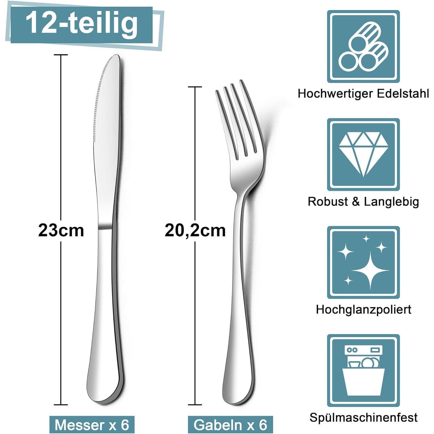 LuxusKollektion Steakbesteck Steakbesteck 12teilig Edelstahl Tafelmesser 12 Runder Griff