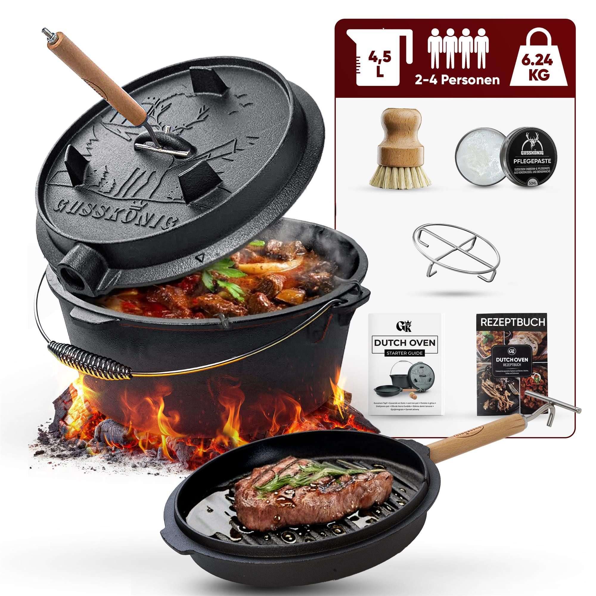 GUSSKÖNIG Schmortopf GUSSKÖNIG Dutch Oven Topf ohne Füßen 4,5L+Pflegepaste Untersetzer