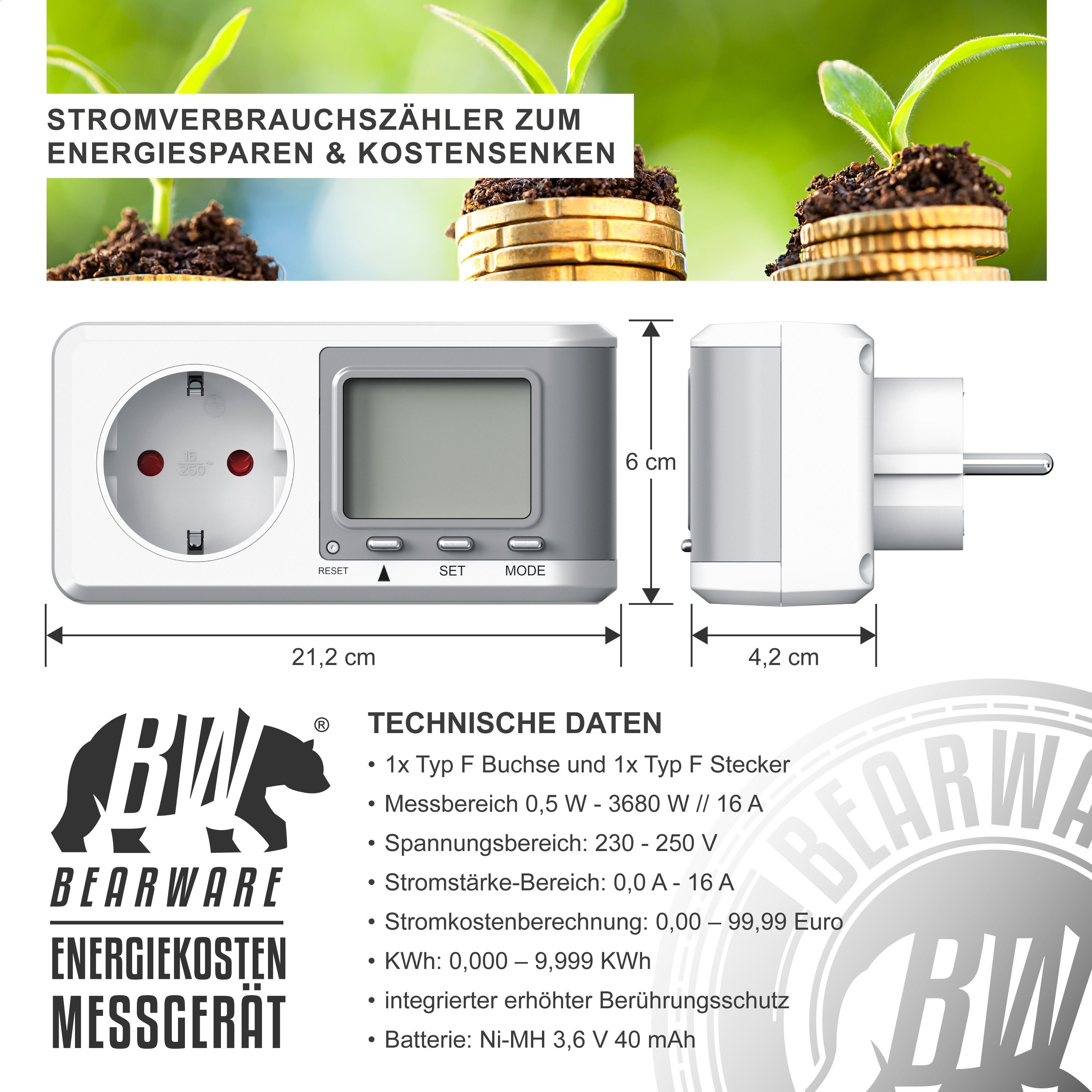 BEARWARE Energiekostenmessgerät Stromverbrauchszähler, Energiekosten Anzeige, Stromzähler max. 3680W, Strommessgerät für Typ F Buchse mit Berührungsschutz, 0,0 A -16 A