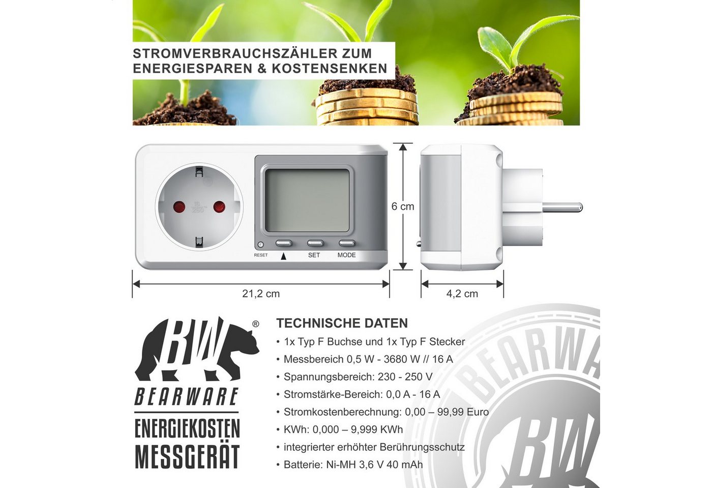 Thumbnail - BEARWARE Energiekostenmessgerät, Stromverbrauchszähler, Energiekosten Anzeige, Stromzähler max. 3680W