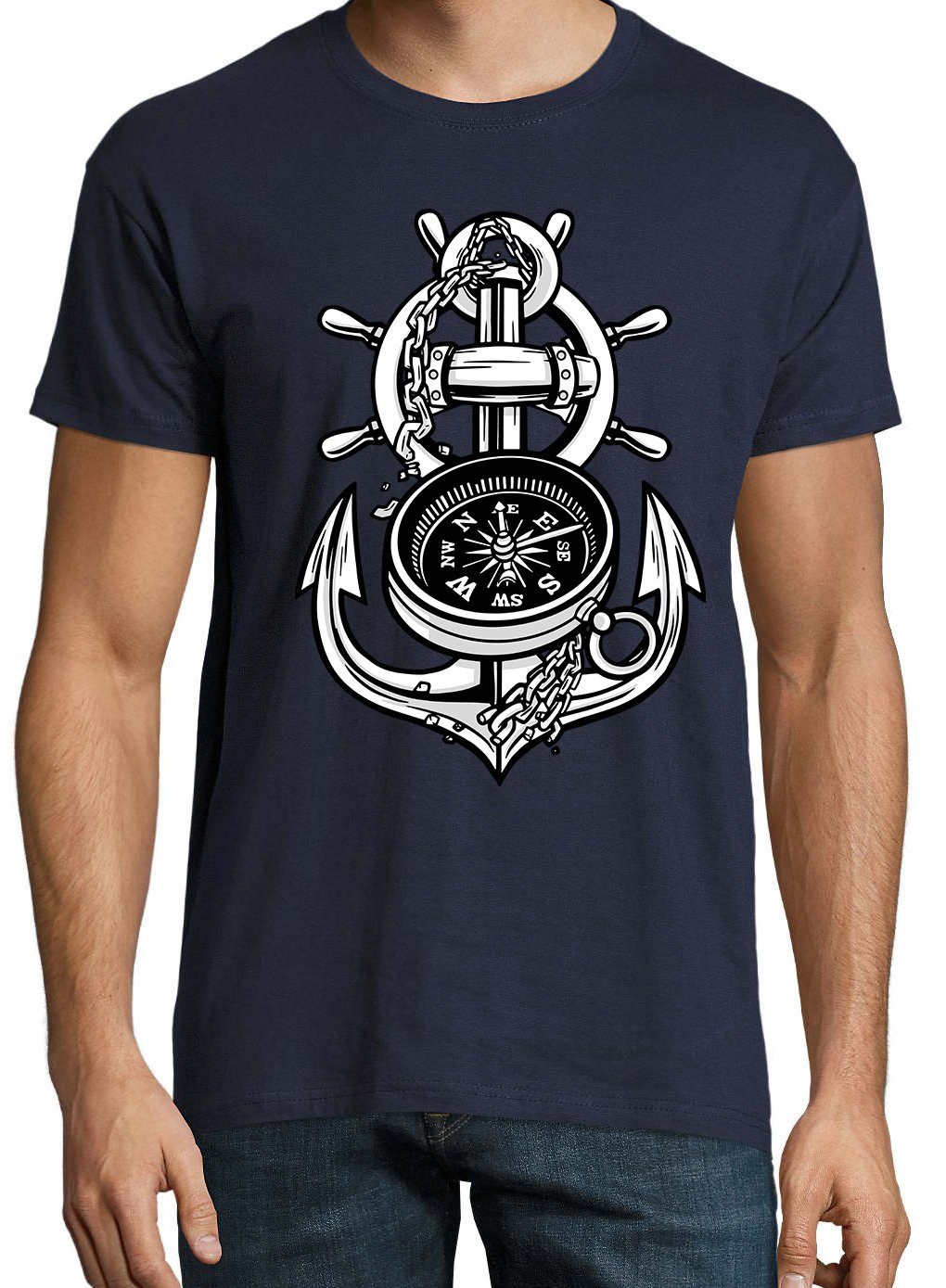 mit trendigem Navyblau Shirt Frontprint Kompass Herren Designz Youth Anker T-Shirt