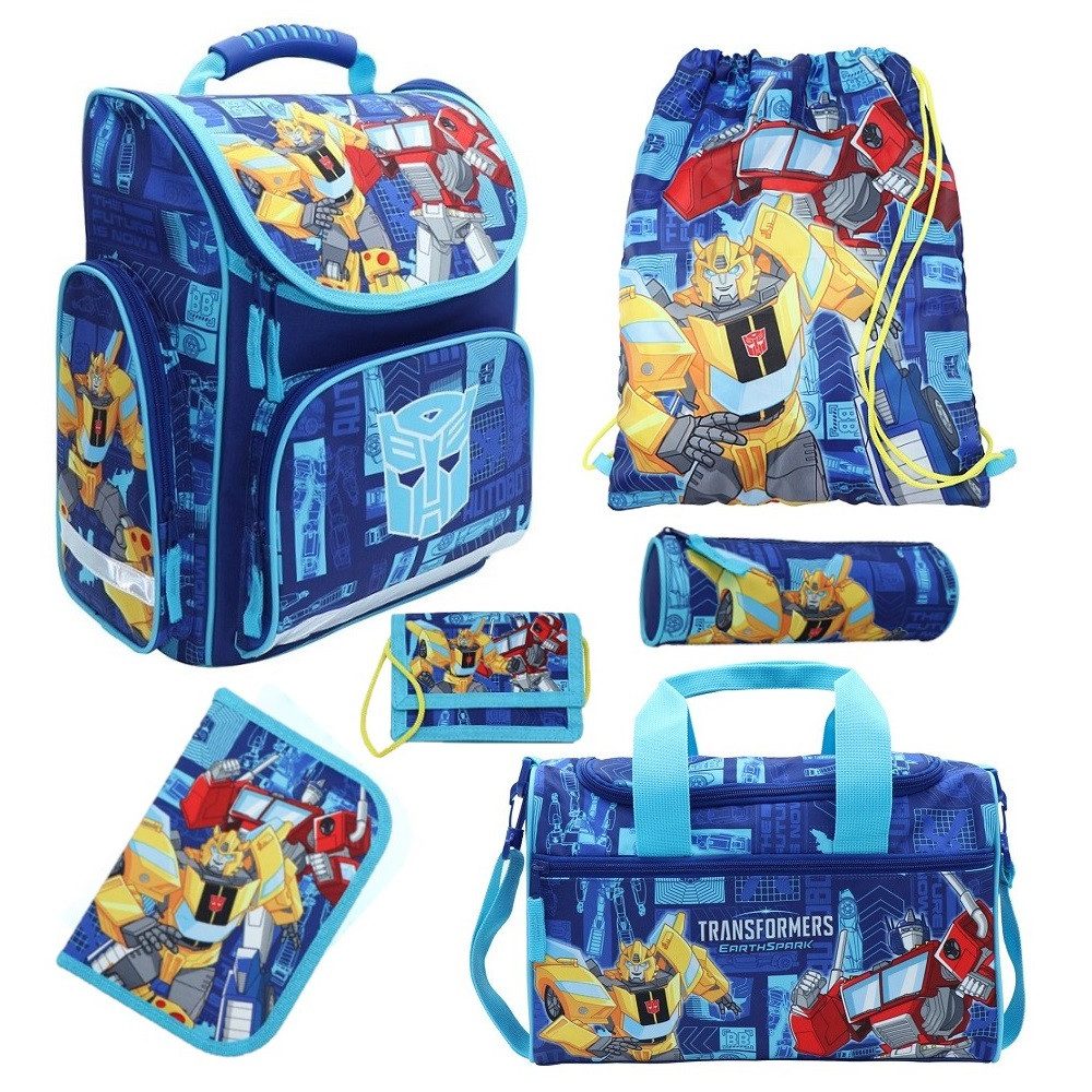 Familando Schulranzen Export (Set, 6-tlg., inkl. Federmäppchen und Sporttasche), Transformers Bumblebee & Optimus Prime