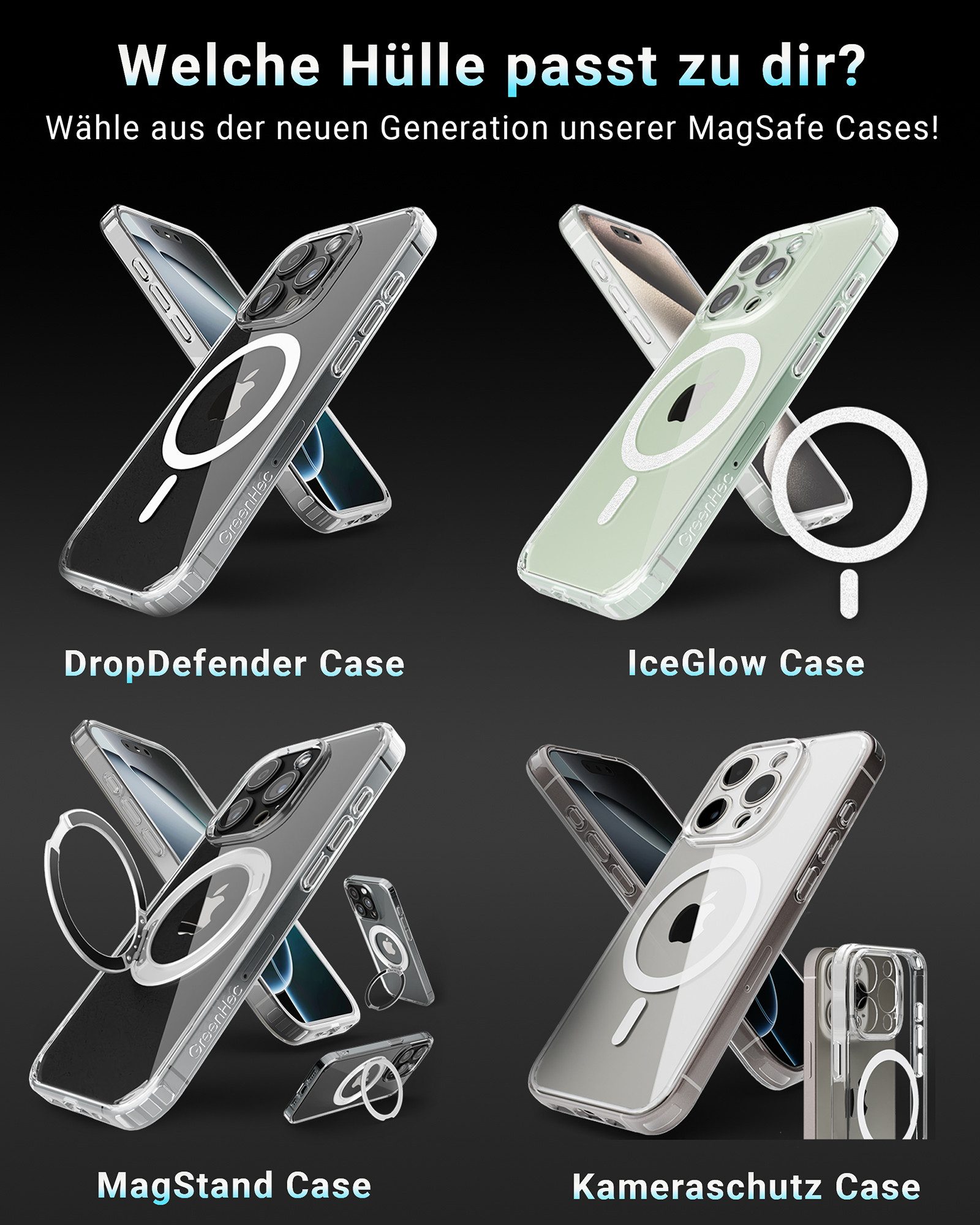 GreenHec Handyhülle iPhone 16 15 14 13 Pro Max Plus Case MagSafe Schutzhülle Durchsichtig 6.1 Zoll, Hülle Transparent Clear Magnet Cover Kameraschutz Bumper Klar Dünn