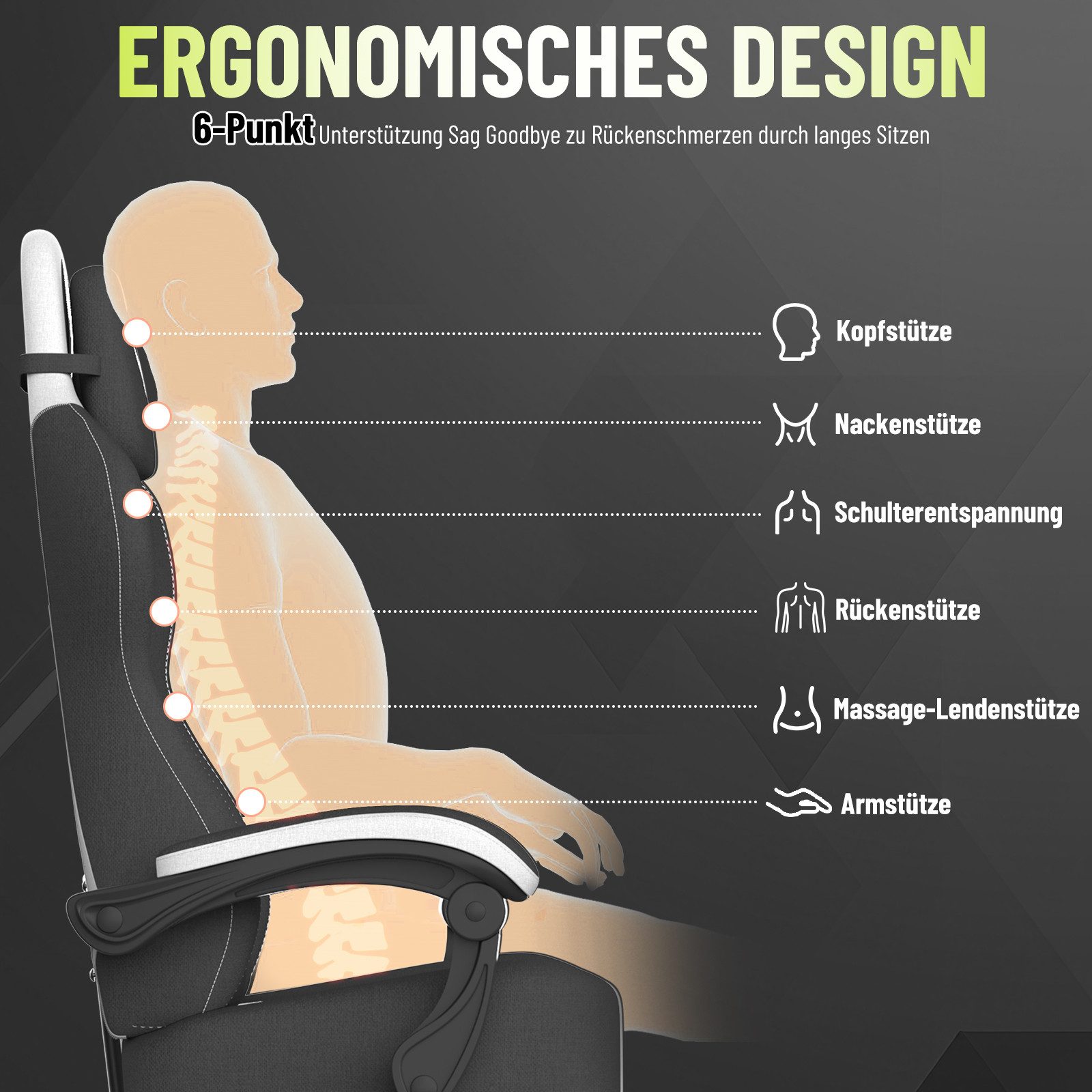 Huracan Gaming-Stuhl Gaming Chair mit Massagefunktion Kopfstütze & Fußstütze, (Gamer Stuhl,Gaming Sessel), Verstellbare Rückenlehne 90-135°,Höhenverstellbar – Bild 5 von 5