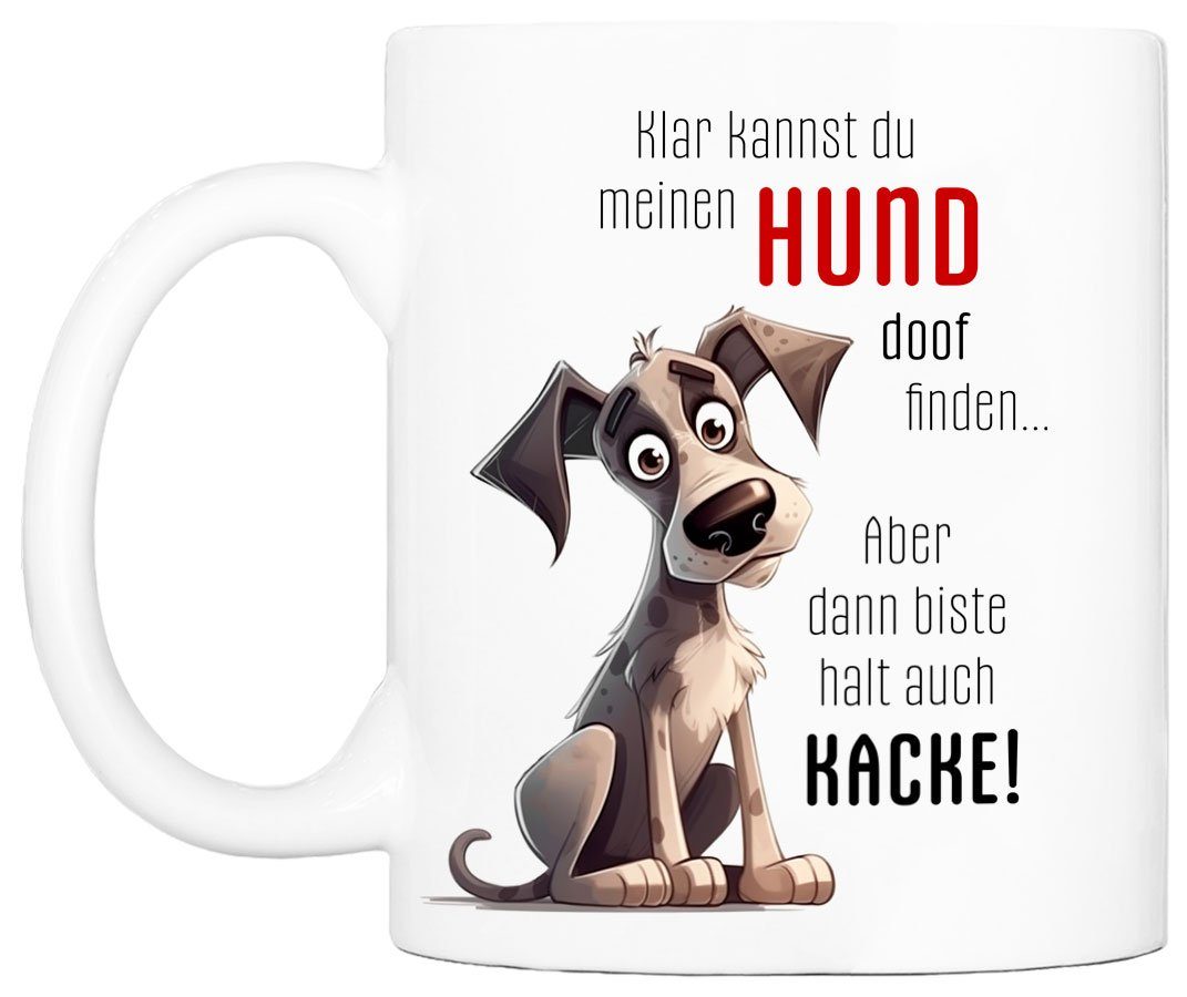Cadouri Tasse DOOF FINDEN mit beidseitig Spruch mit Hundefreunde, handgefertigt, bedruckt, - Hundespruch, 330 Keramik, für ml Geschenk Geschenk, Kaffeetasse