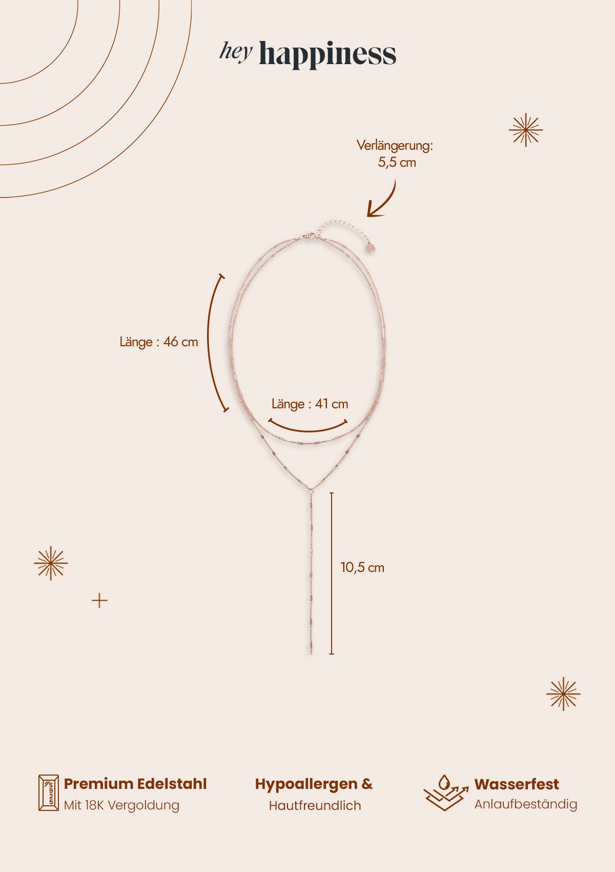 Hey Happiness Y-Kette Zweireihiges Collier, Elegante Layer Kette Damen Edelstahl, wasserfest