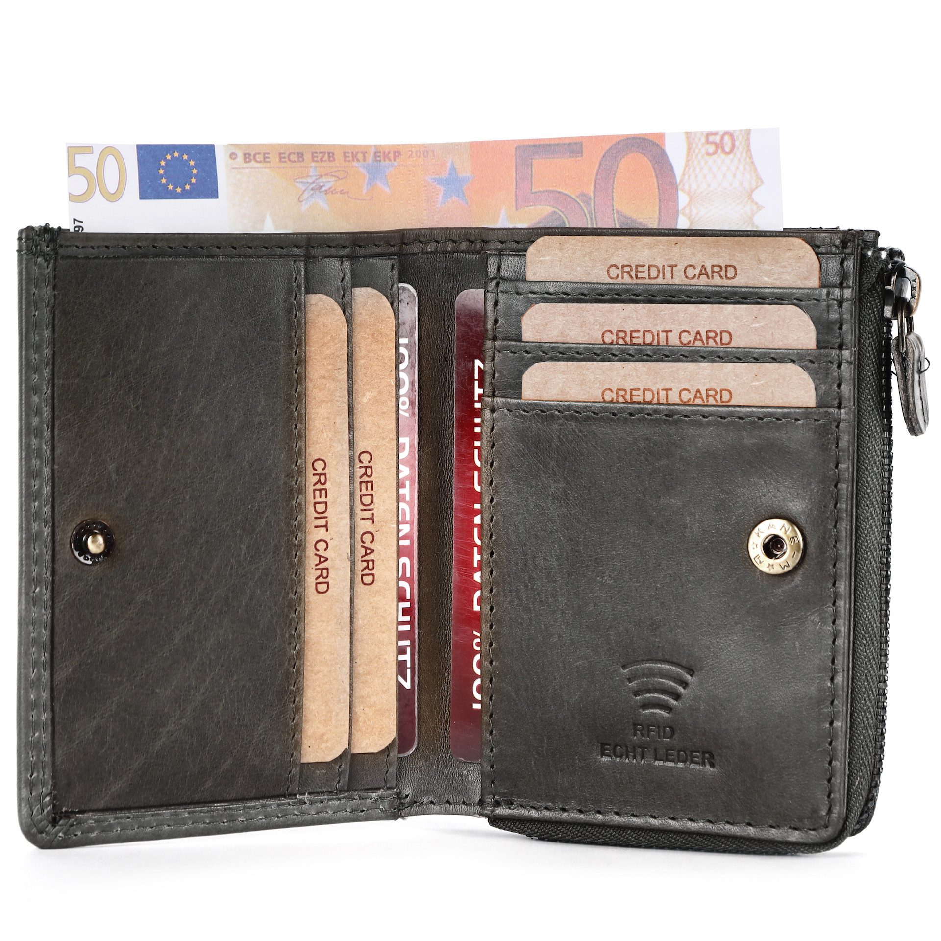 Benthill Geldbörse Klein Echt Leder RFID Damen & Herren Geldbeutel Slim-Wallet Portmonee, RFID-Schutz Kartenfächer Münzfach Reißverschlussfach