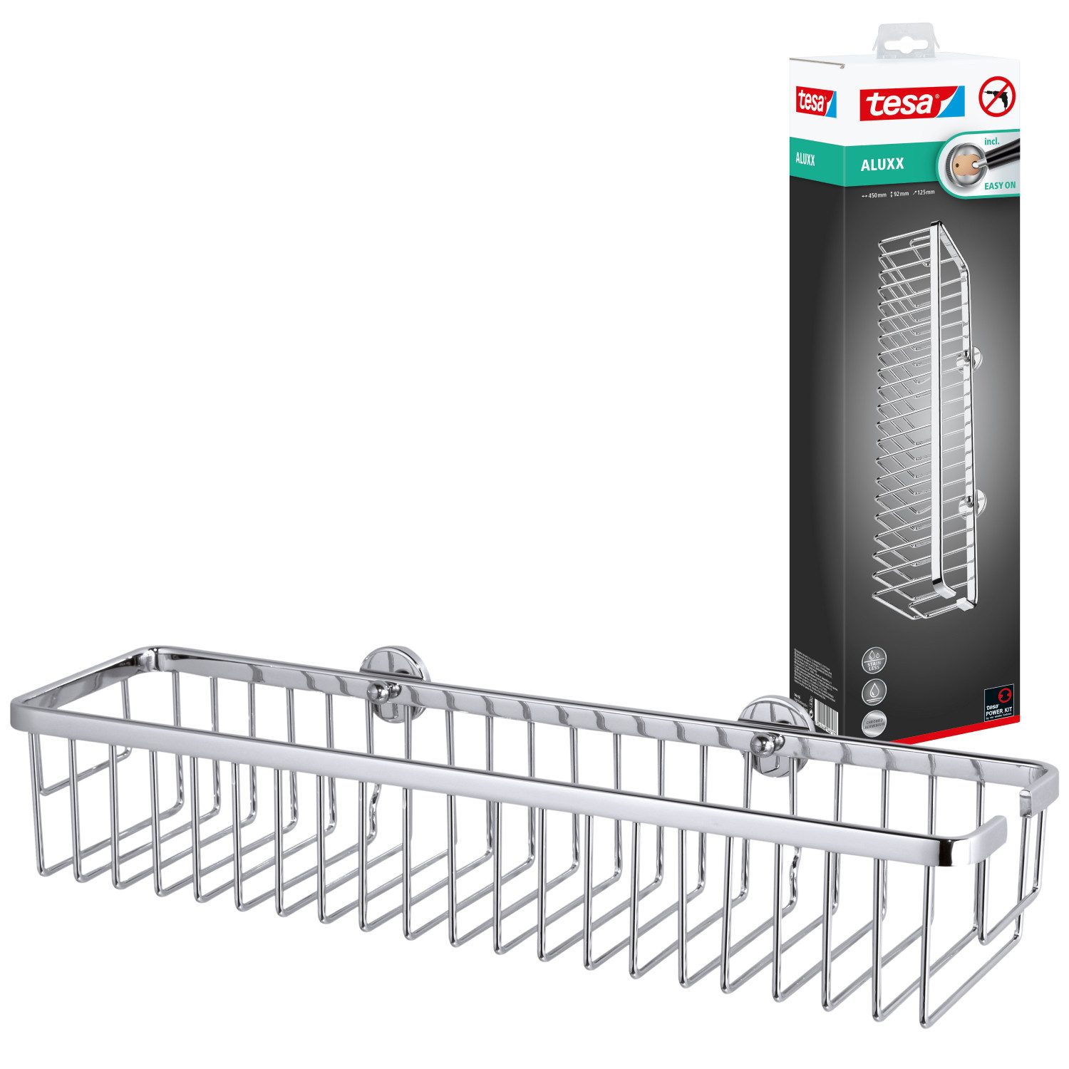 tesa Duschablage ALUXX Duschablagekorb ohne Bohren - 9,2 cm : 45,0 cm : 12,5 cm, Packung 1-tlg., selbstklebendes Hängeregal - für Bad & Dusche - silber glänzend