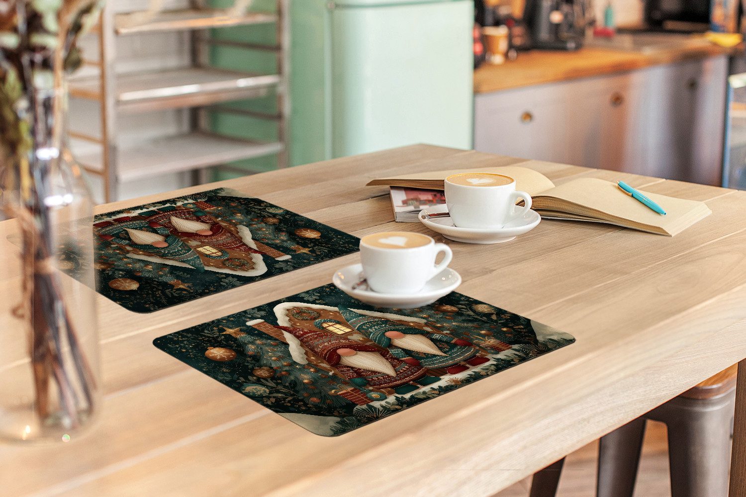 MuchoWow Platzset Weihnachten - Wichtel - Lebkuchenhaus - Rot - Grün, (6-St), Platzsets, Tischset, Abwaschbar, Tischsets, Platzdeckchen