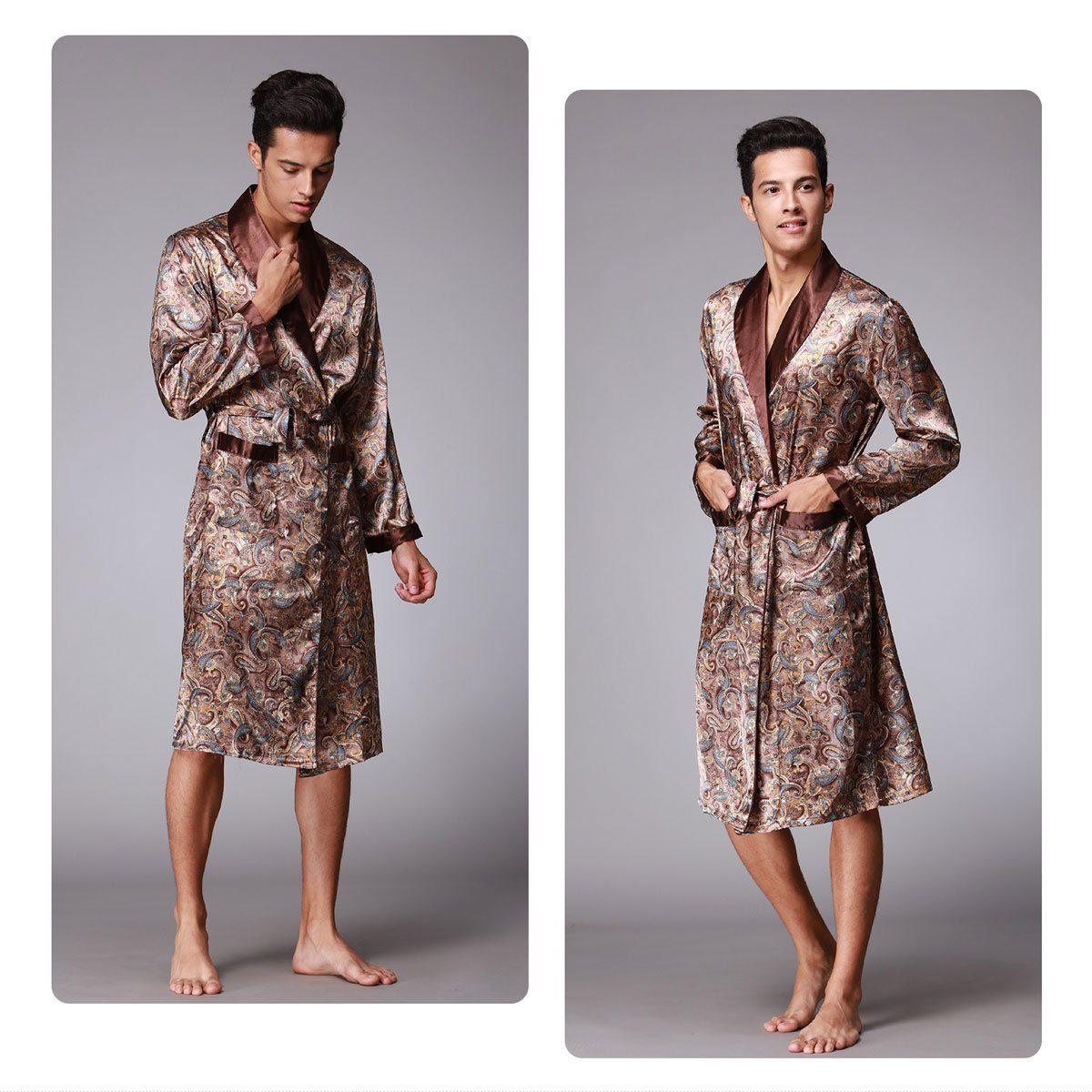 Vivi Idee Morgenmantel Herren Schlafmantel Bademantel kimono lang leicht satin Sauna