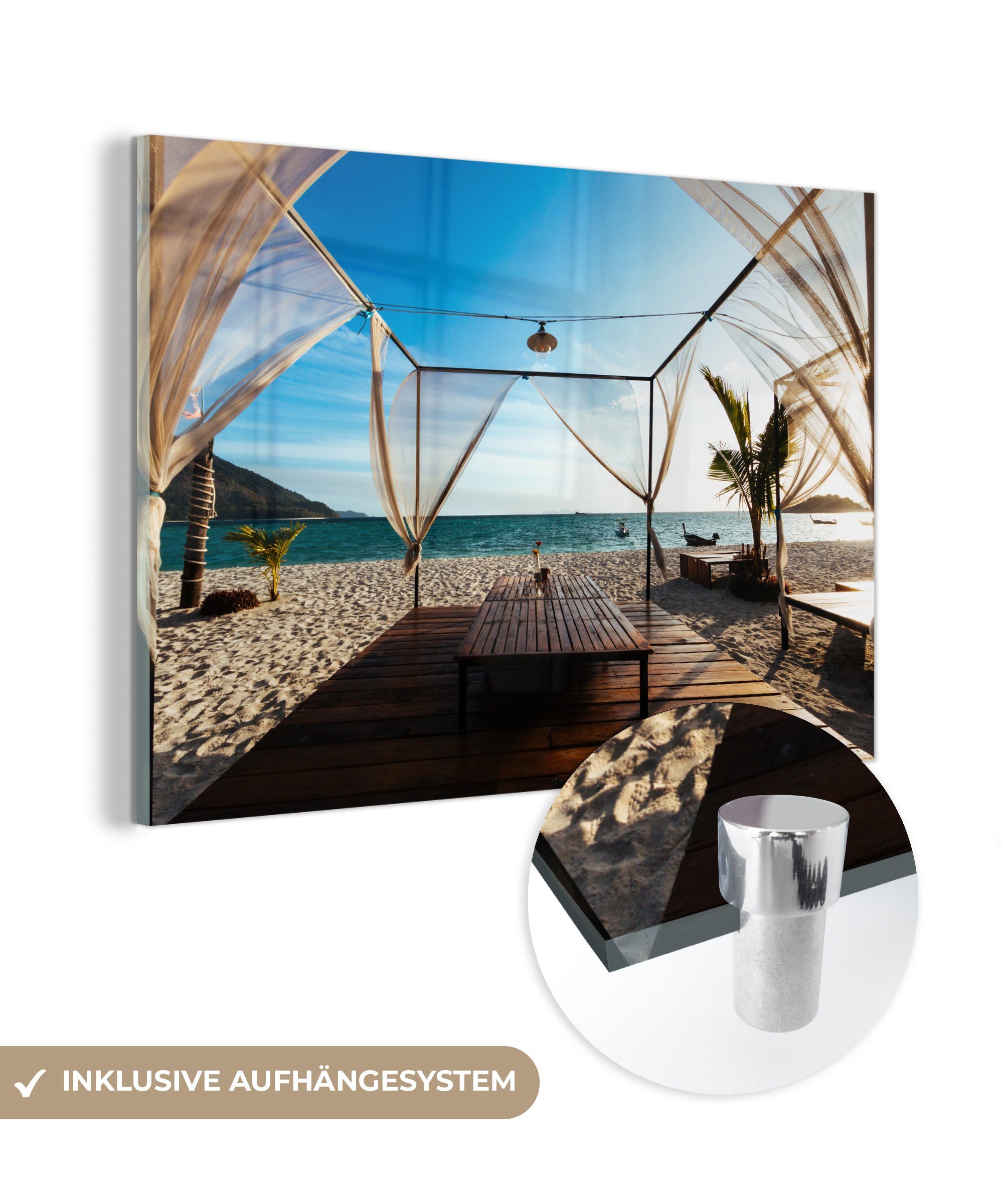 an tropischen Wohnzimmer Acrylglasbilder einem Bali, (1 Acrylglasbild Strand St), Hölzerne Plattform & MuchoWow Schlafzimmer in