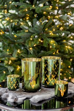 EDZARD Windlicht Dirk, Kerzenglas mit Hirsch-Motiv in Gold-Optik, Teelichtglas für Teelichter, Höhe 18 cm, Ø 12 cm