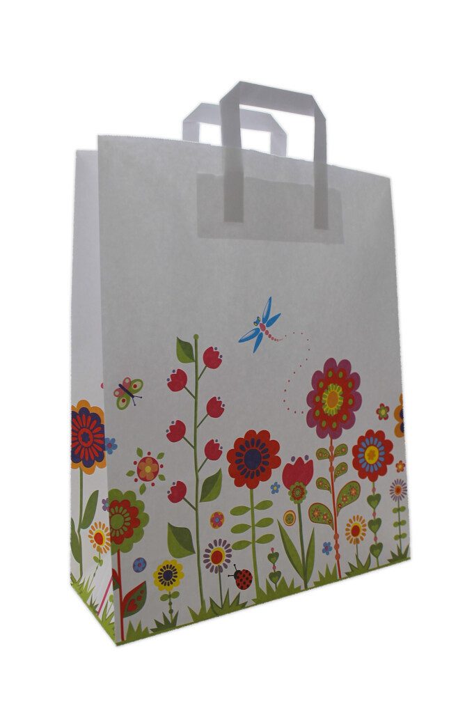 Tragetasche Papiertragetasche weiß "BLUMENWIESE", 32 + 12 x 40 cm, 10 Stück (10-tlg)