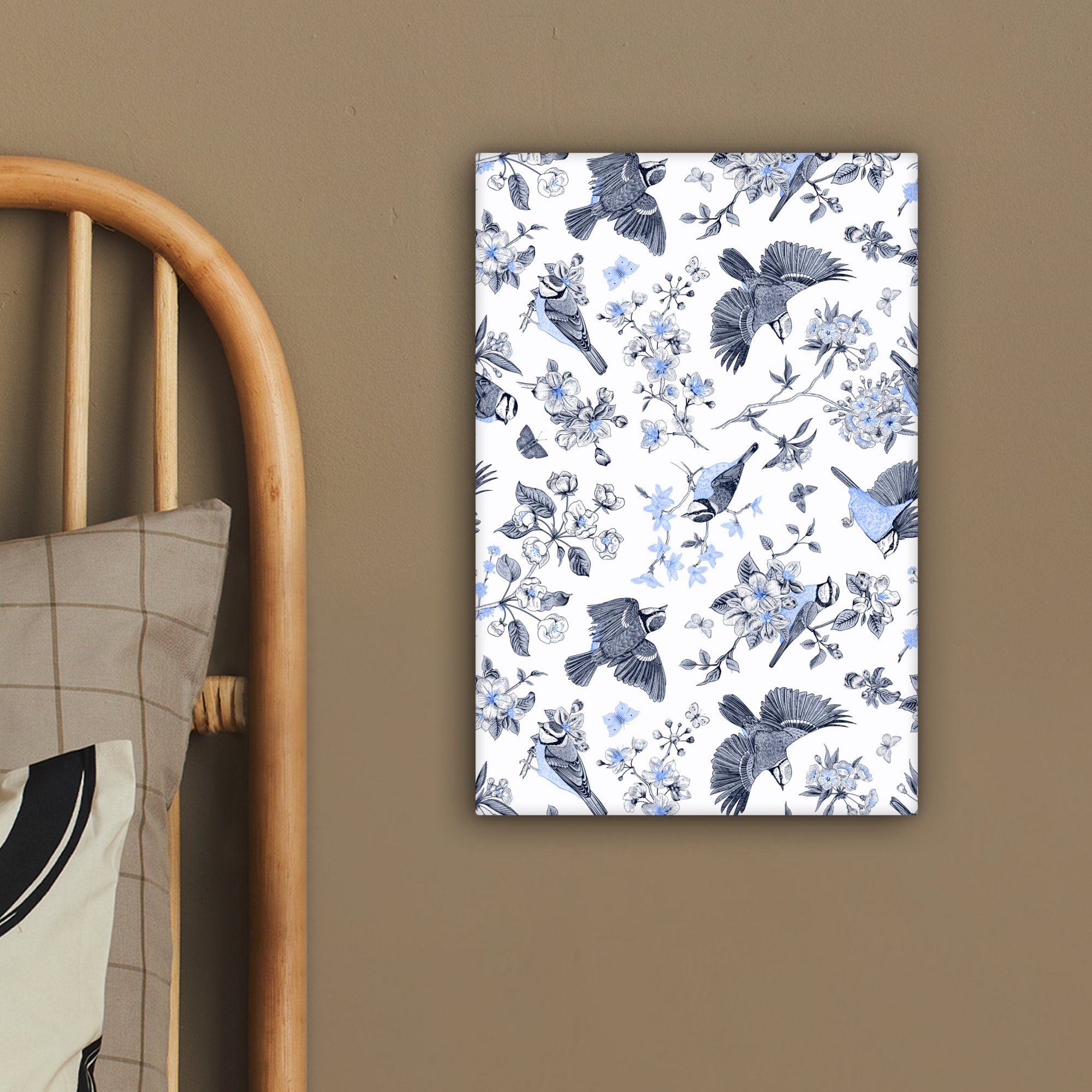 - (1 cm Blumen inkl. Zackenaufhänger, St), Vogel Blau, 20x30 fertig Leinwandbild bespannt Leinwandbild - Gemälde, OneMillionCanvasses®
