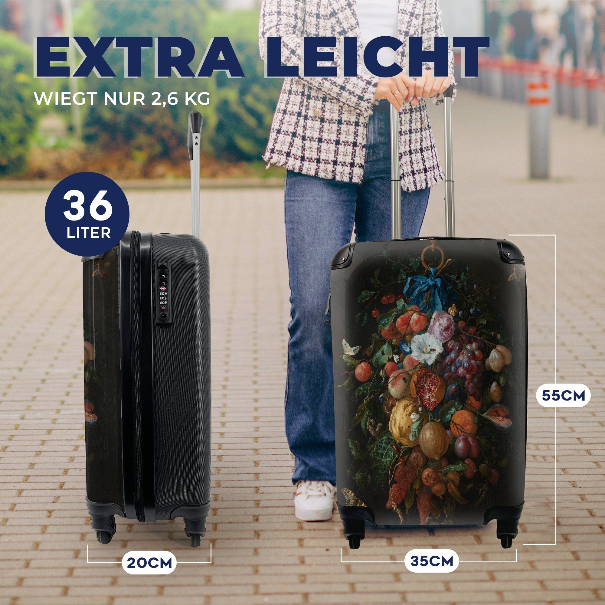 Früchte von Blumen Gemälde für Heem, Jan MuchoWow Handgepäckkoffer Davidsz. Reisetasche 4 Rollen, Trolley, und rollen, Ferien, mit de - Handgepäck Reisekoffer