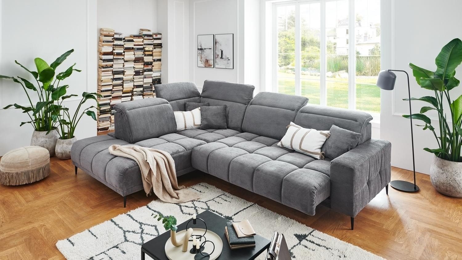 Iwaniccy Ecksofa LIVORNO, B 317 x T 234 cm, Dunkelgrau, Cord, elektr. Sitztiefenverstellung, 5 Kopfteilverstellungen