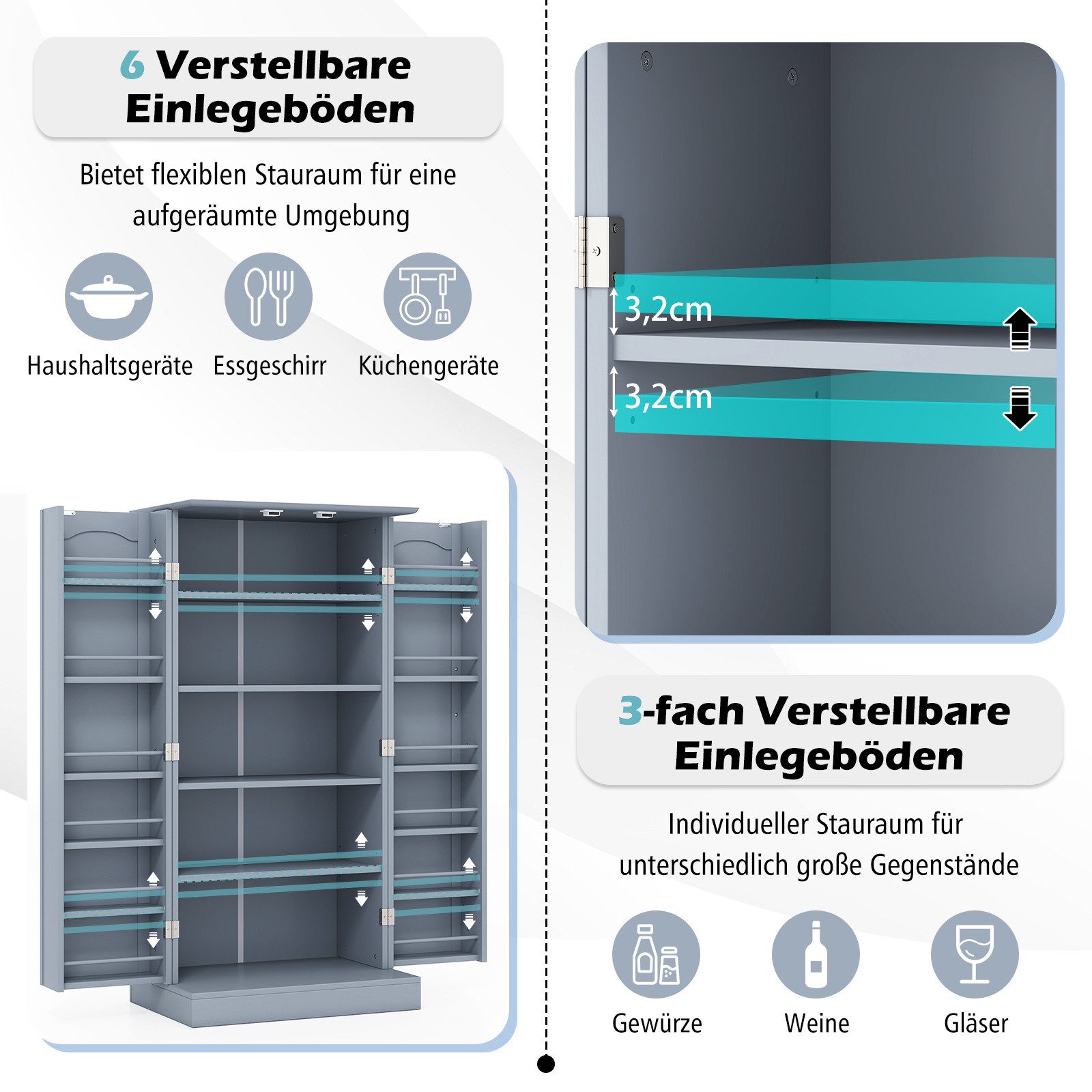 COSTWAY Küchenbuffet Küchenschrank Vorratsschrank mit verstellbarer Ablage, 60x40x120cm – Bild 4 von 5