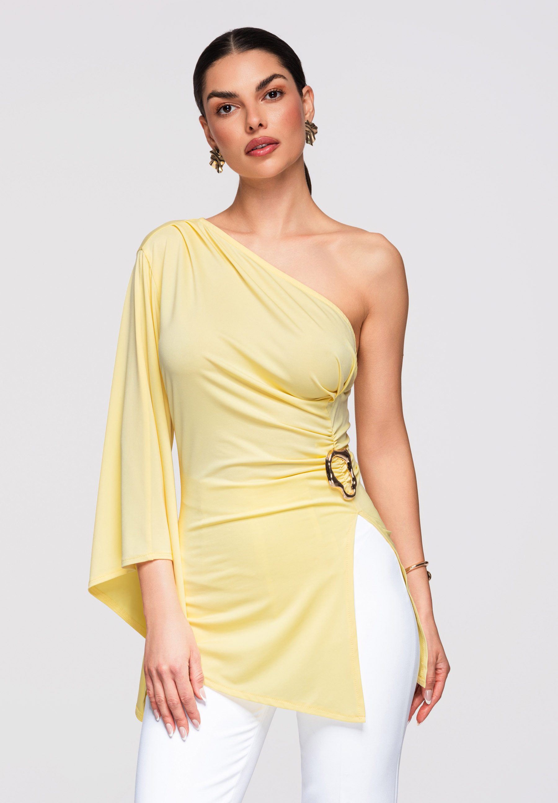 OMBRE Hemdbluse Damen Tunika Asymmetrisch Elegant yellow M (kein Set, 1-tlg) Asymmetrisches Design, Drapierung