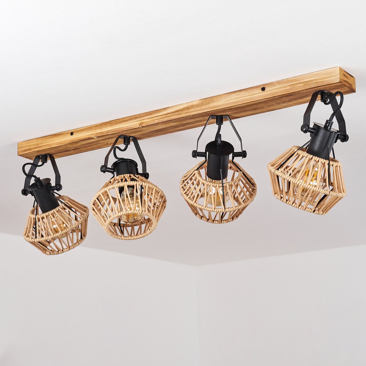 »Corna« Deckenlampe Leuchtmittel, hofstein moderne in aus Metall/Holz/Hanfseil drehbaren 4xE27 Deckenleuchte Schirmen, Leuchte mit Schwarz/Natur, ohne