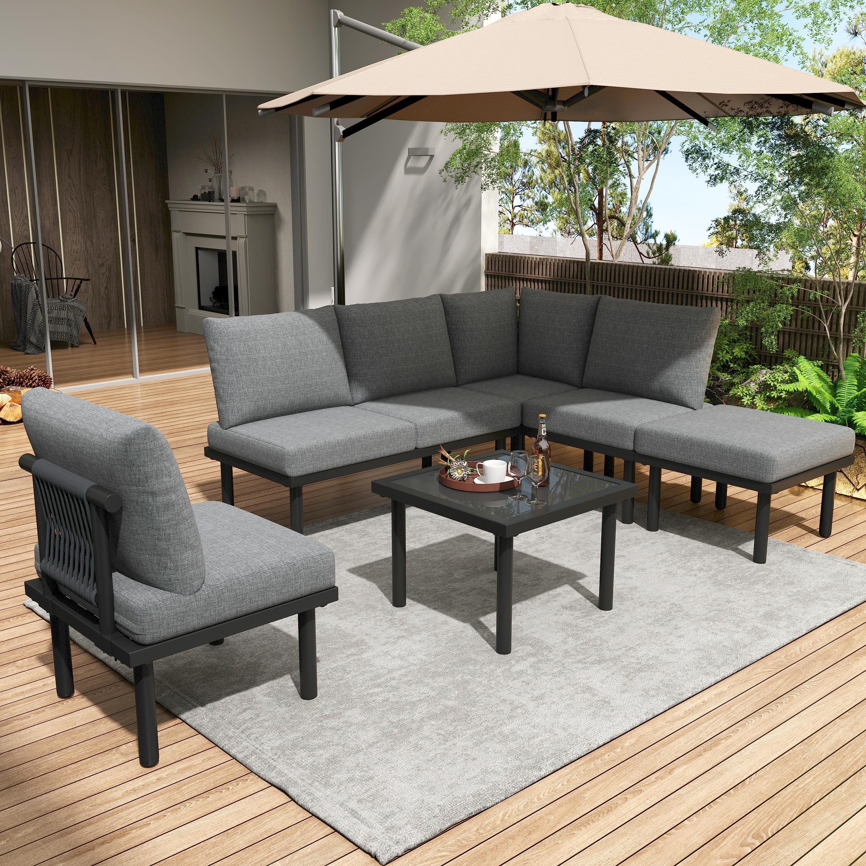 MODFU Gartenlounge-Set für 6 Personen mit verzinktem Eisenrahmen, (6-tlg., 2 Sitzer Bank, 1 Eckbank, 2 Stühle, 1 Hocker, 1 Couchtisch), mit verstellbare Füße, Tischplatte aus glattem Glas