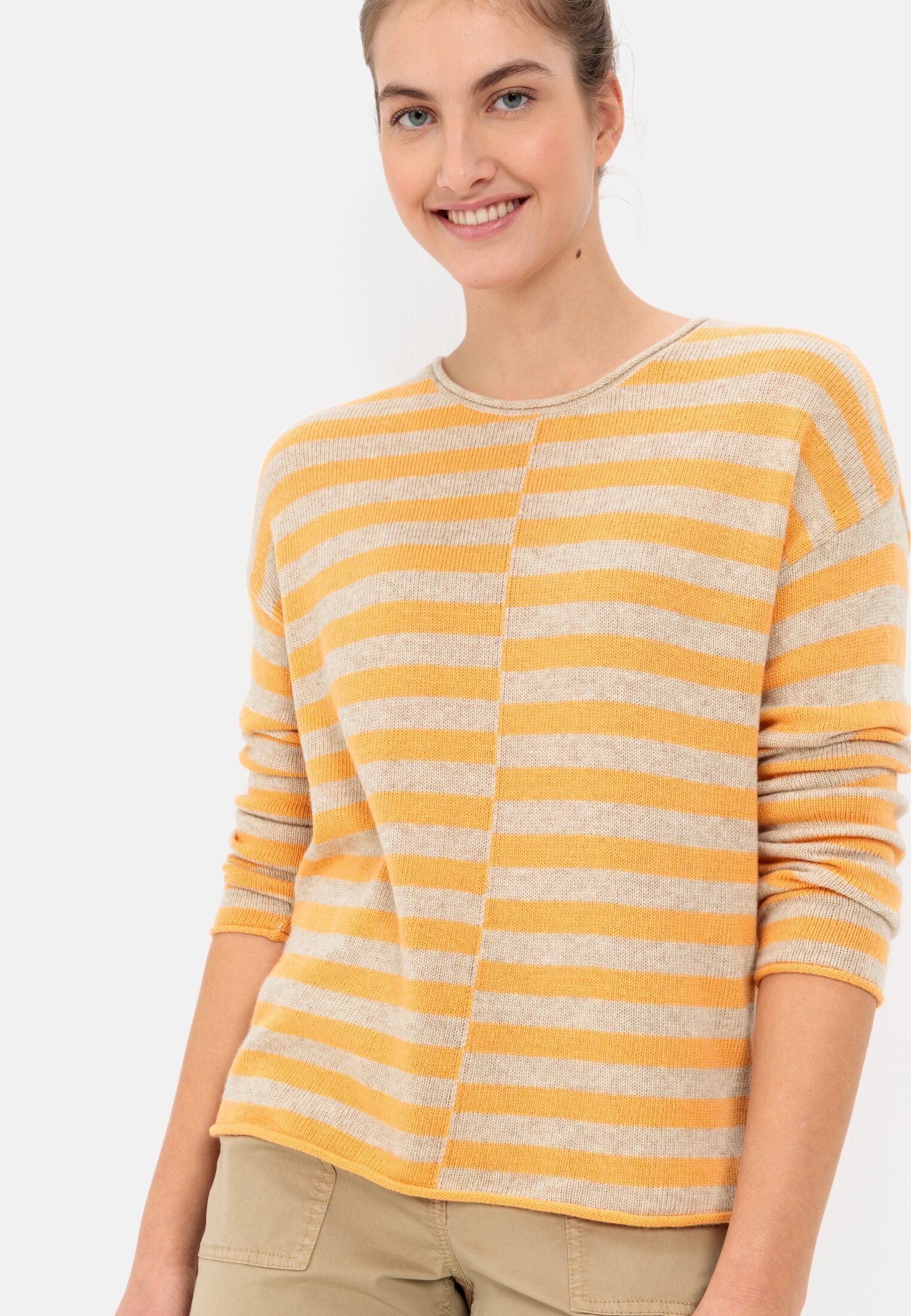 camel active Strickpullover mit Streifenmuster Langarm Rollkragen Markenlabel