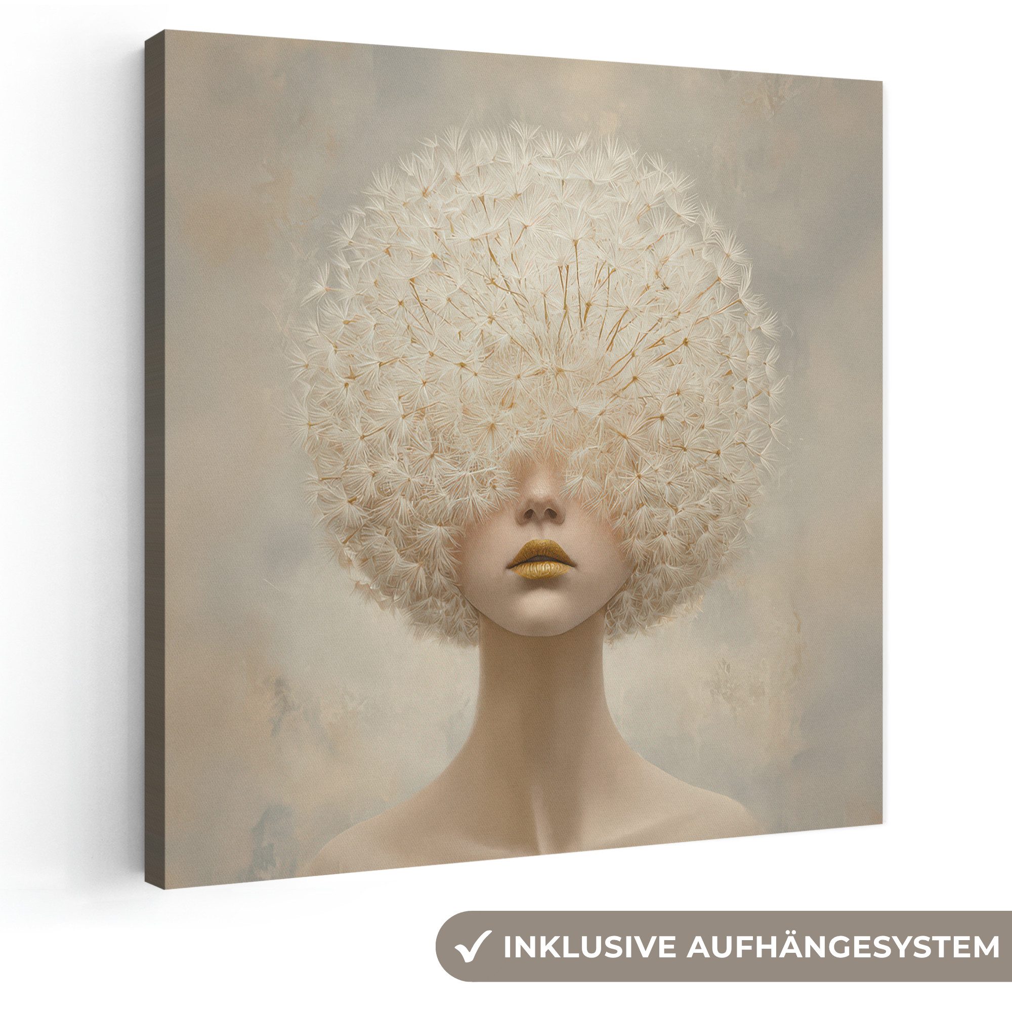 OneMillionCanvasses® Leinwandbild Dreamy - Beige - Löwenzahnsamen, Fotodruck (1 St), Wandbild, Deko Schlafzimmer Wohnzimmer Flur 20x20 cm