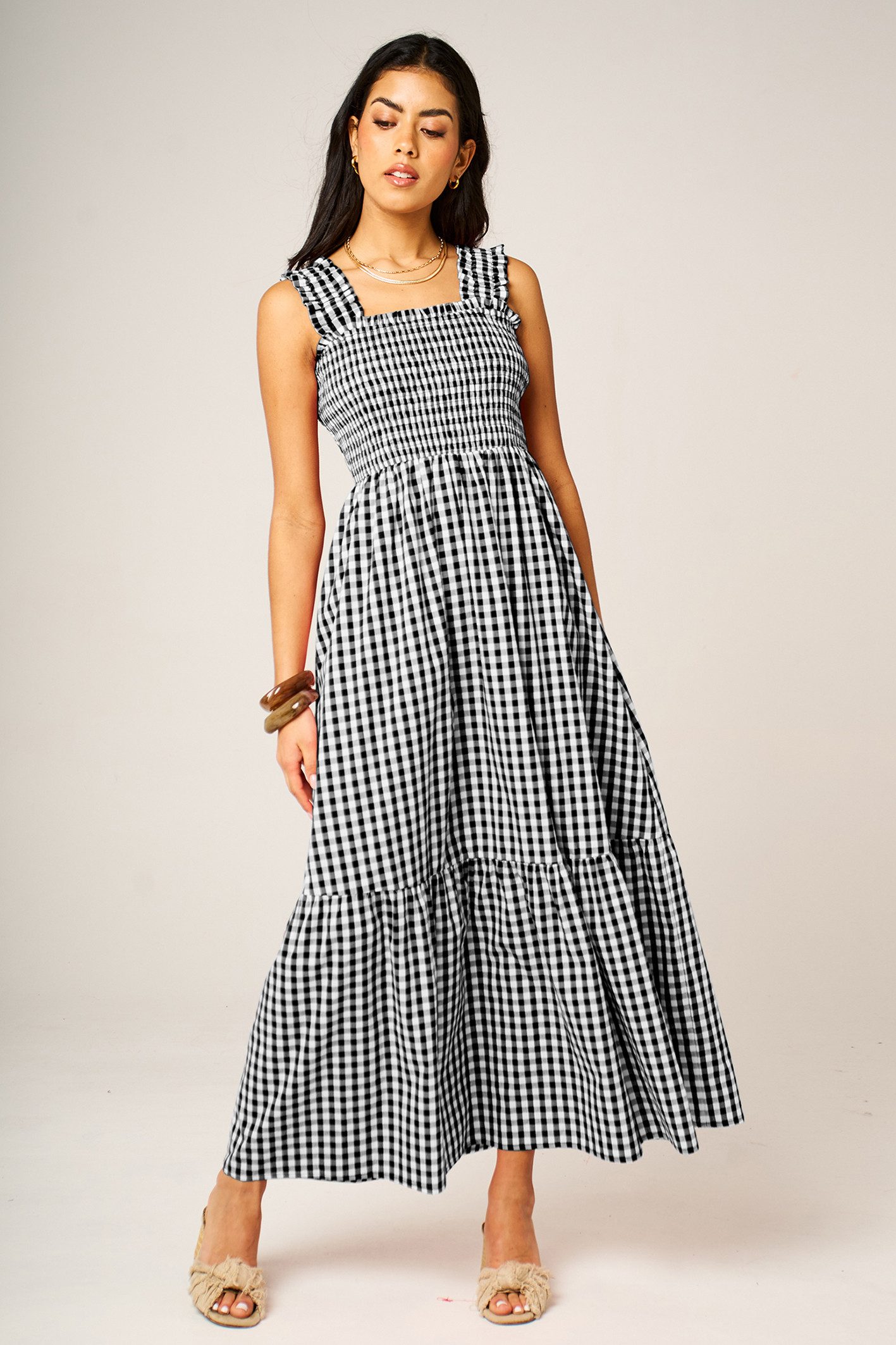 FS Collection Trägerkleid Damen Trägerkleid Maxikleid Sommerkleid Freizeitkleid Kariert (XS (EU:36 / UK:8) · S (EU:38 / UK:10) · M (EU:40 / UK:12) · L (EU:42 / UK:14) · XL (EU:44 / UK:16) Gesmoktes Oberteil, Vichy-Karo, gestufter Rock, breite Träger