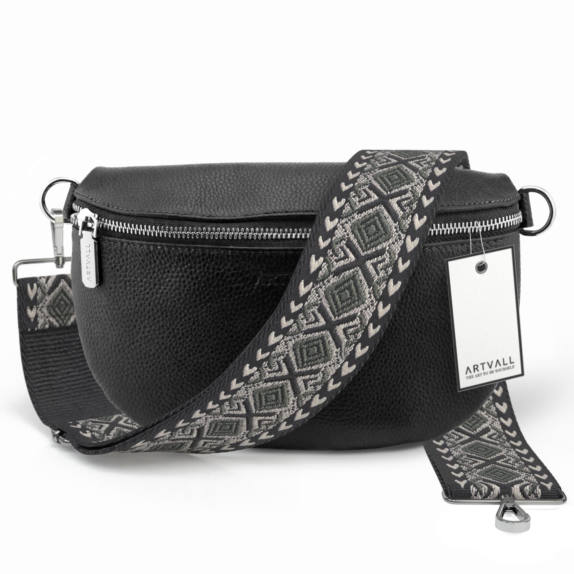 ARTVALL Umhängetasche Echtleder Handtasche Damen Brusttasche Schwarz (Tasche inkl. Taschenband), Bauchtasche Leder verstellbar mit Schultergurt Design breit hochwertig