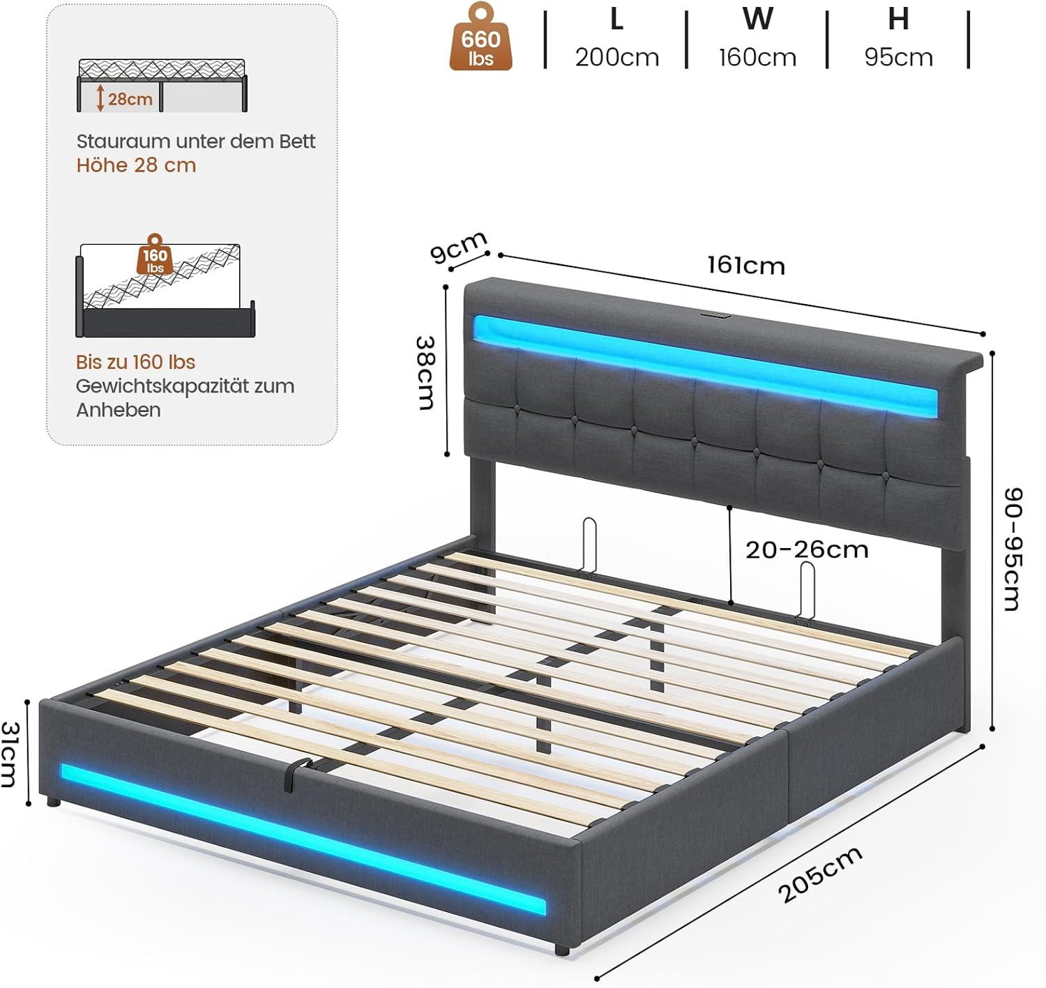 MSMASK Polsterbett Jugendbett mit LED Beleuchtung und Ladestation, Hydrauli günstig online kaufen