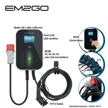 EM2GO Stationär Elektroauto-Ladestation AC Wallbox 22kW 7.5m Typ 2 Kabel + RFID-Kartenleser + CEE-Kabel, 22,00kW / 32A, 1-phasig, 3-phasig