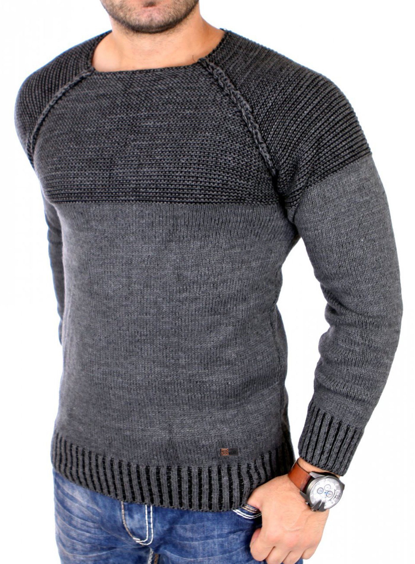 Strickpullover Reslad Strickpullover Herren Two Tone Rundhals Pullover Grobstrick