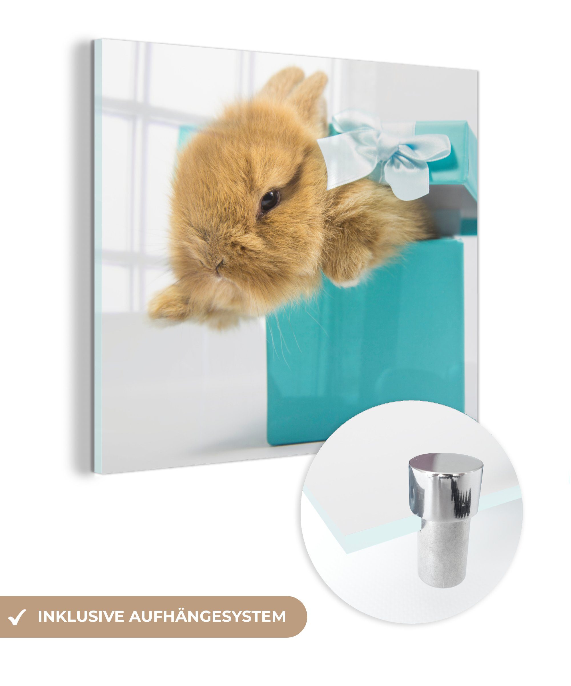 MuchoWow Acrylglasbild Kaninchen Wandbild - Pastell auf Glasbilder (1 St), - auf Blau, Wanddekoration Foto - Glas Bilder - Glas 