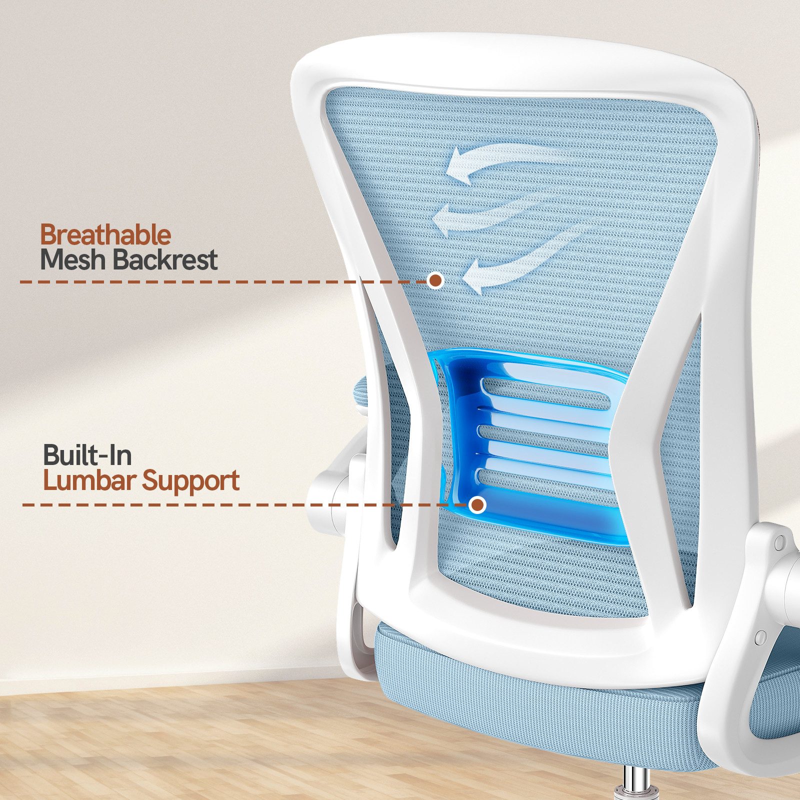 Gywowken Bürostuhl Schreibtischstuhl mit Atmungsaktiv Netzbespannung, Sessel mit 90° klappbarer Armlehne – Lordosenstütze – höhenverstellbar