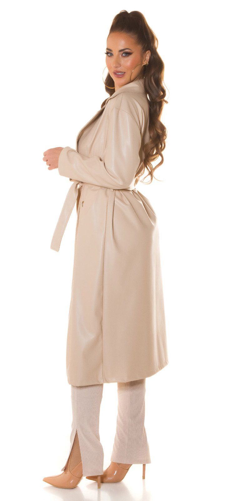 Koucla Ledermantel Kunstleder Mantel mit Gürtel & Knopfleiste,Trenchcoat, Lederjacke lang Vielseitig kombinierbar, Langlebigkeit durch Premium-Material