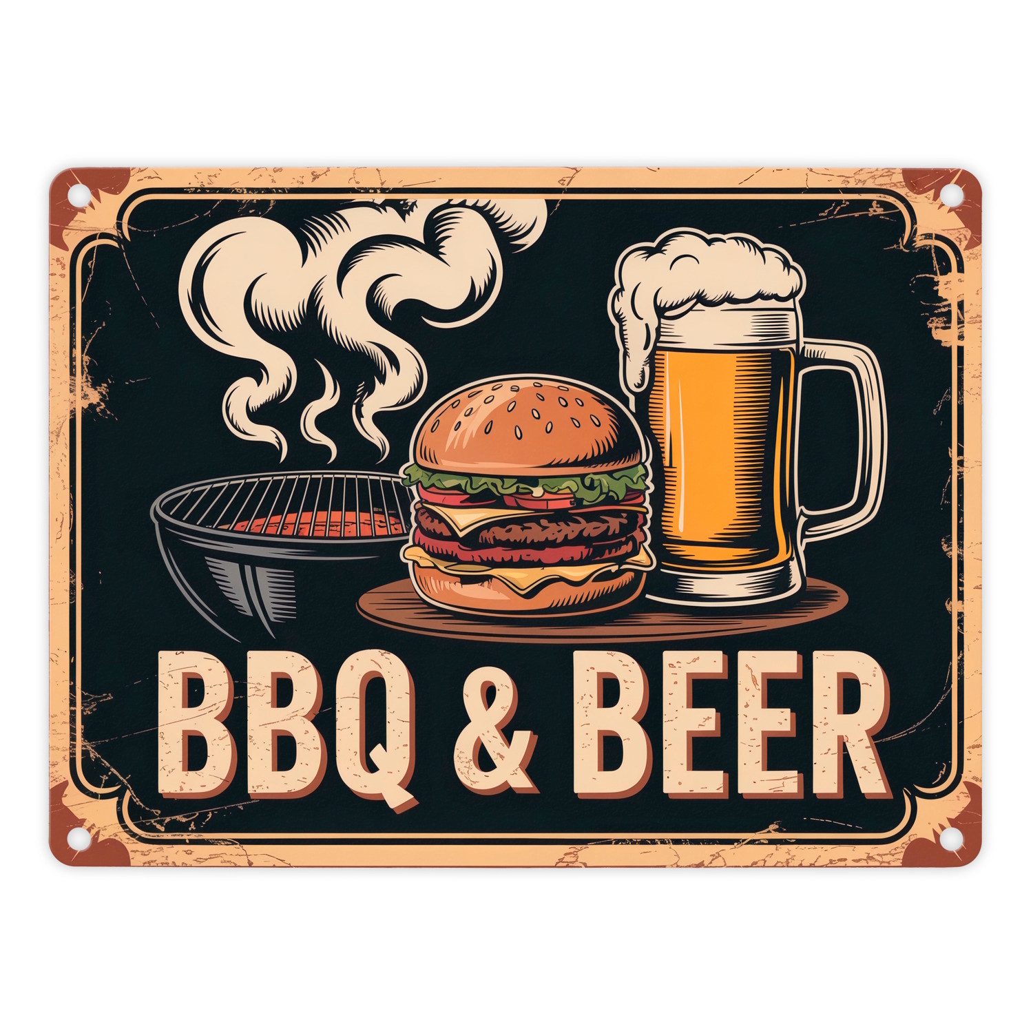 speecheese Metallschild Burger und Bier Metallschild in 15x20 cm BBQ und Beer Vintage