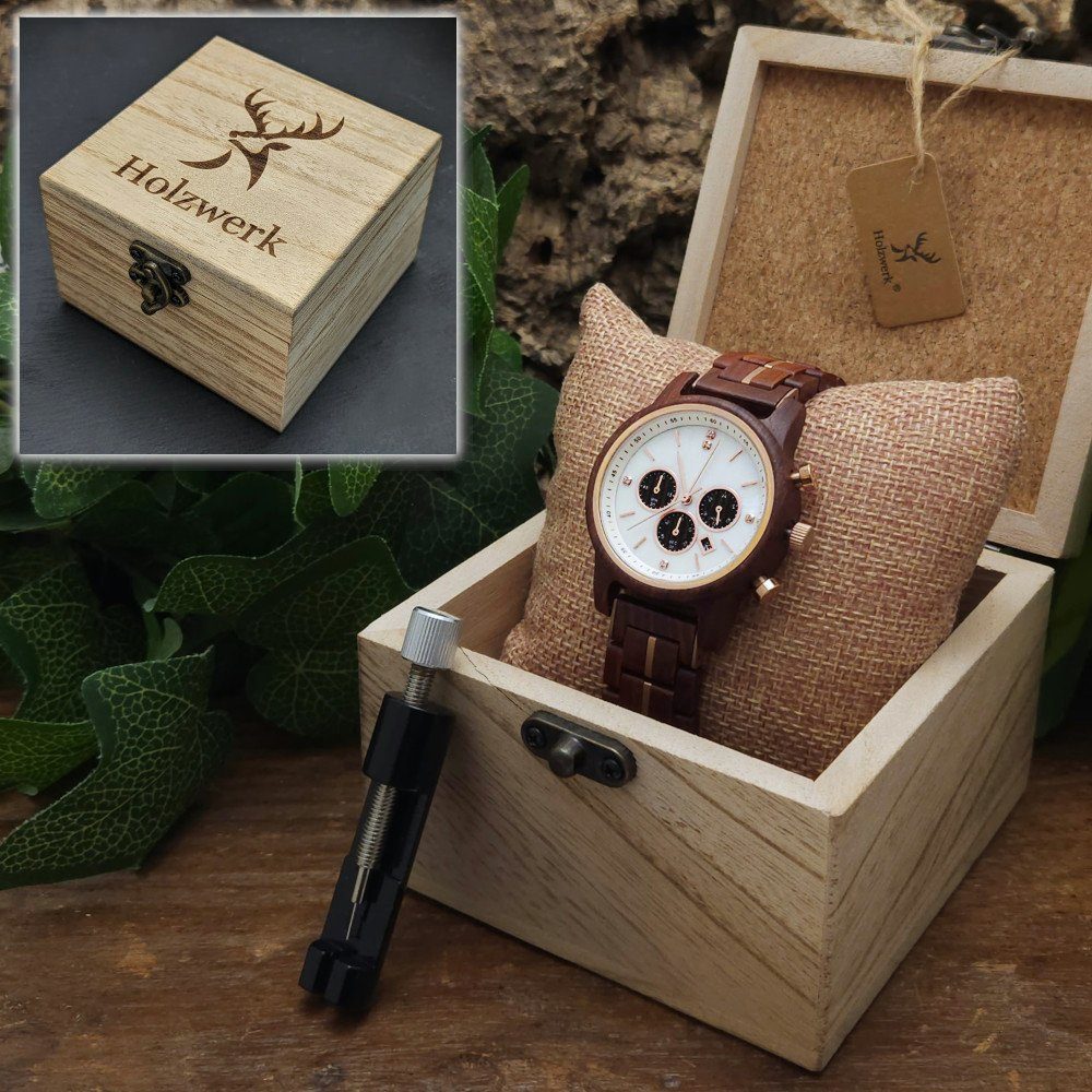 Armband Uhr Holz ROSENAU Braun Gold, Datum, Chronograph kleine weiß Damen Holzwerk mit Rose