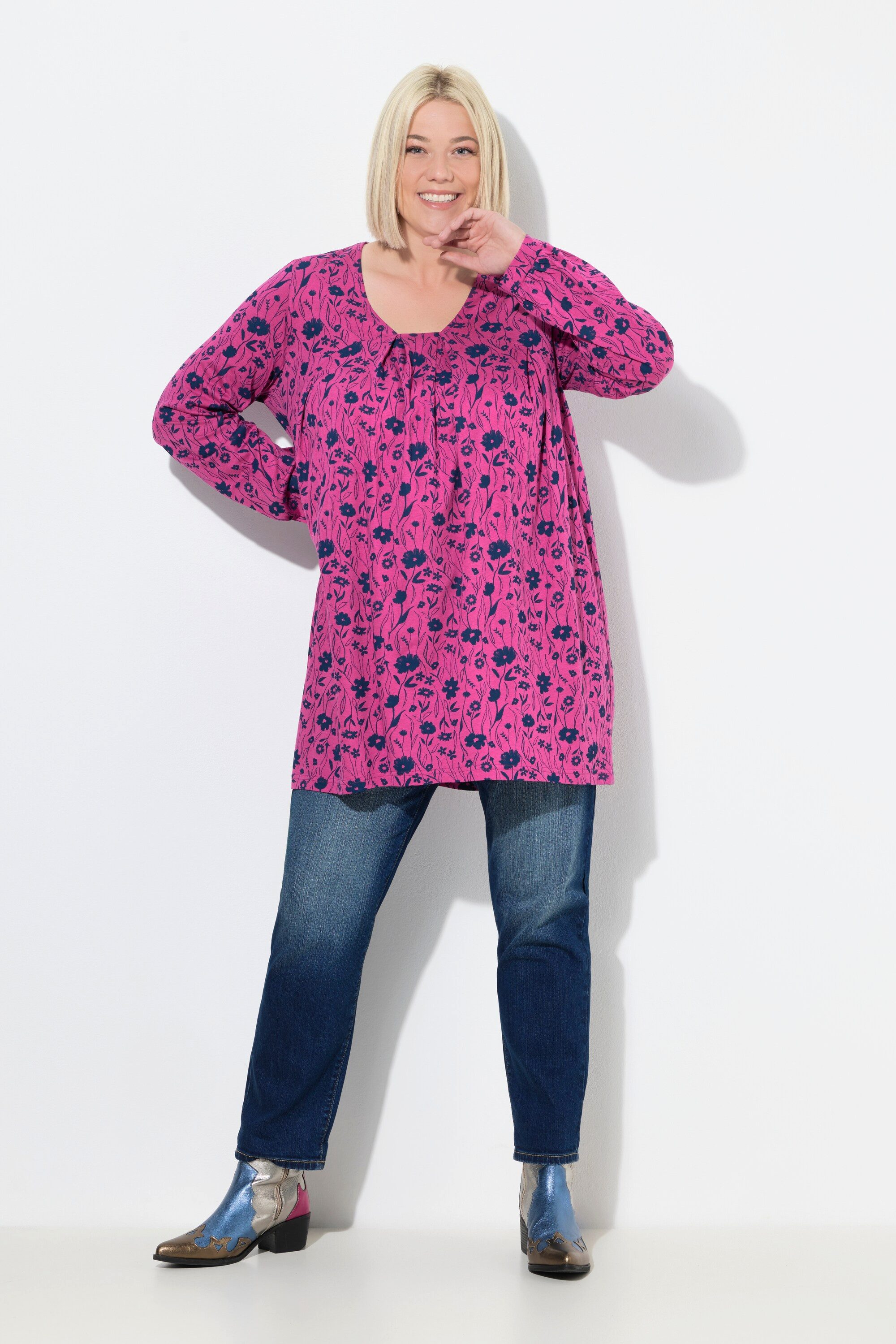 T-Shirt Shirt Zierfalten A-Linie Carree-Ausschnitt Langarm