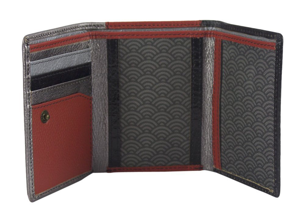 Unisex RFID-Schutz, aus Portemonnaie Mini recycelten Geldbörse rot/silber/schwarz echt Brieftasche, Geldbeutel klein mit Sunsa Geldbörse Leder Leder, Mini Lederresten,