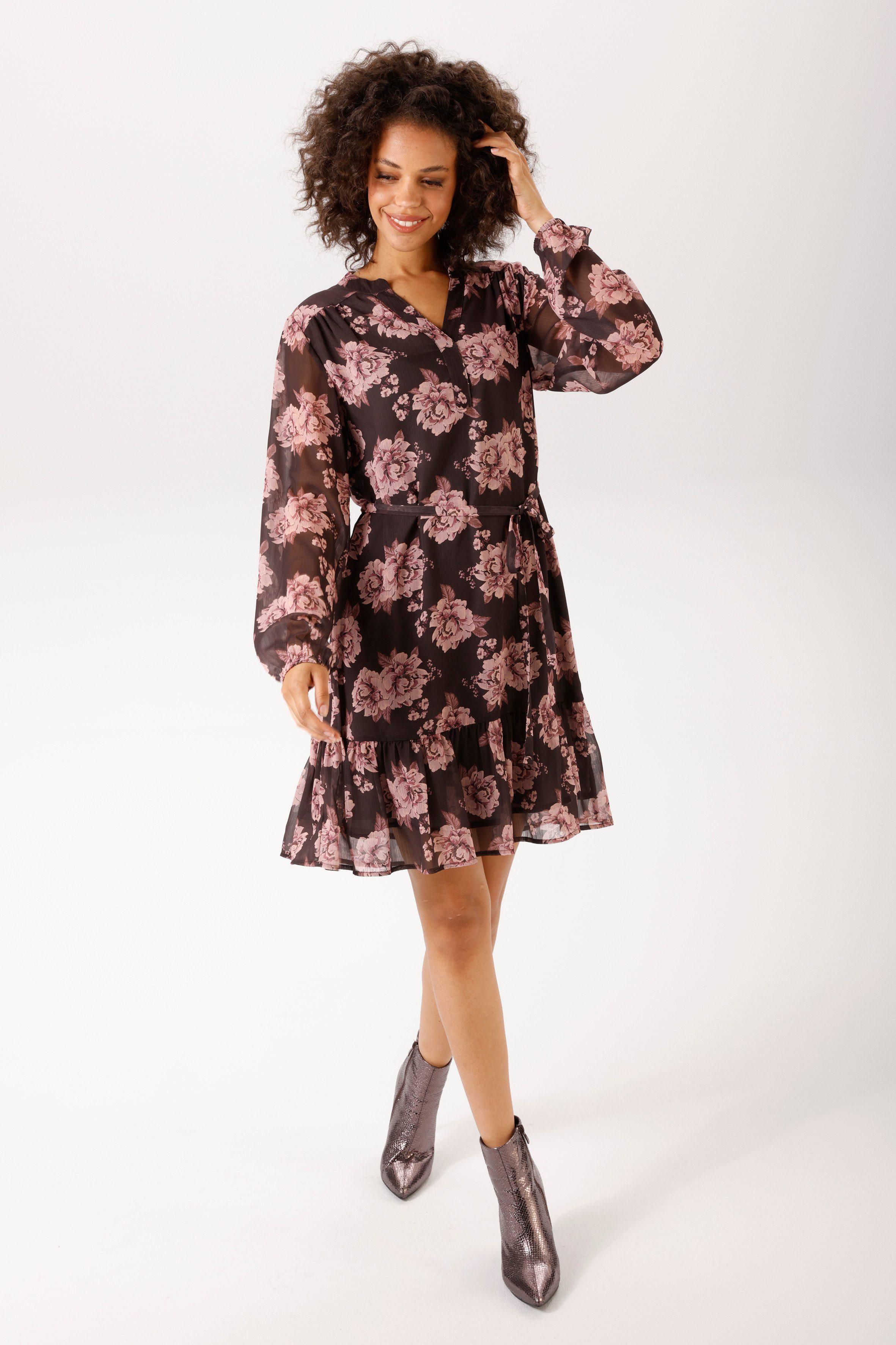 Aniston CASUAL Tunikakleid (mit abnehmbarem Bindegürtel) mit romantischen Rosen bedruckt - NEUE KOLLEKTION