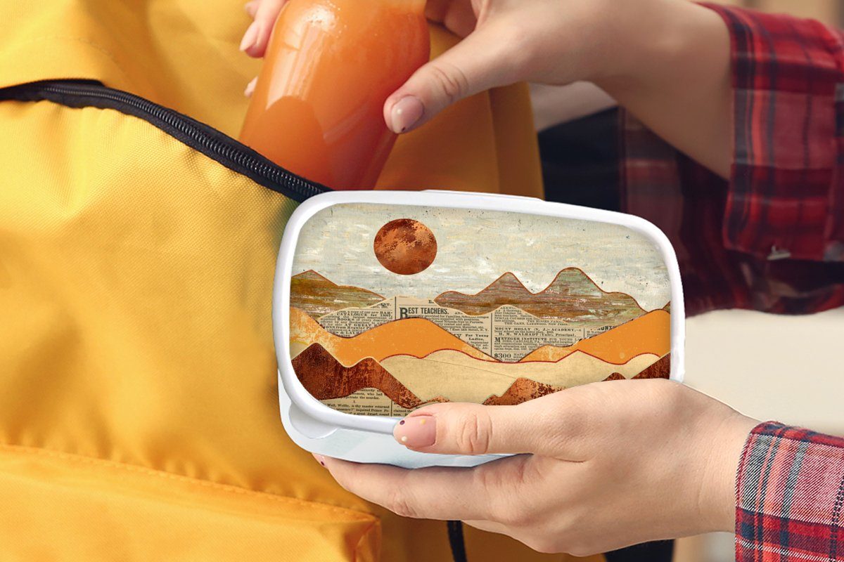 für MuchoWow Bronze und Farben, Kunststoff, Erwachsene, Mädchen - - - - Brotdose, - Kinder und für (2-tlg), weiß Jungs Abstrakt Lunchbox Landschaft Vintage Zeitung Brotbox