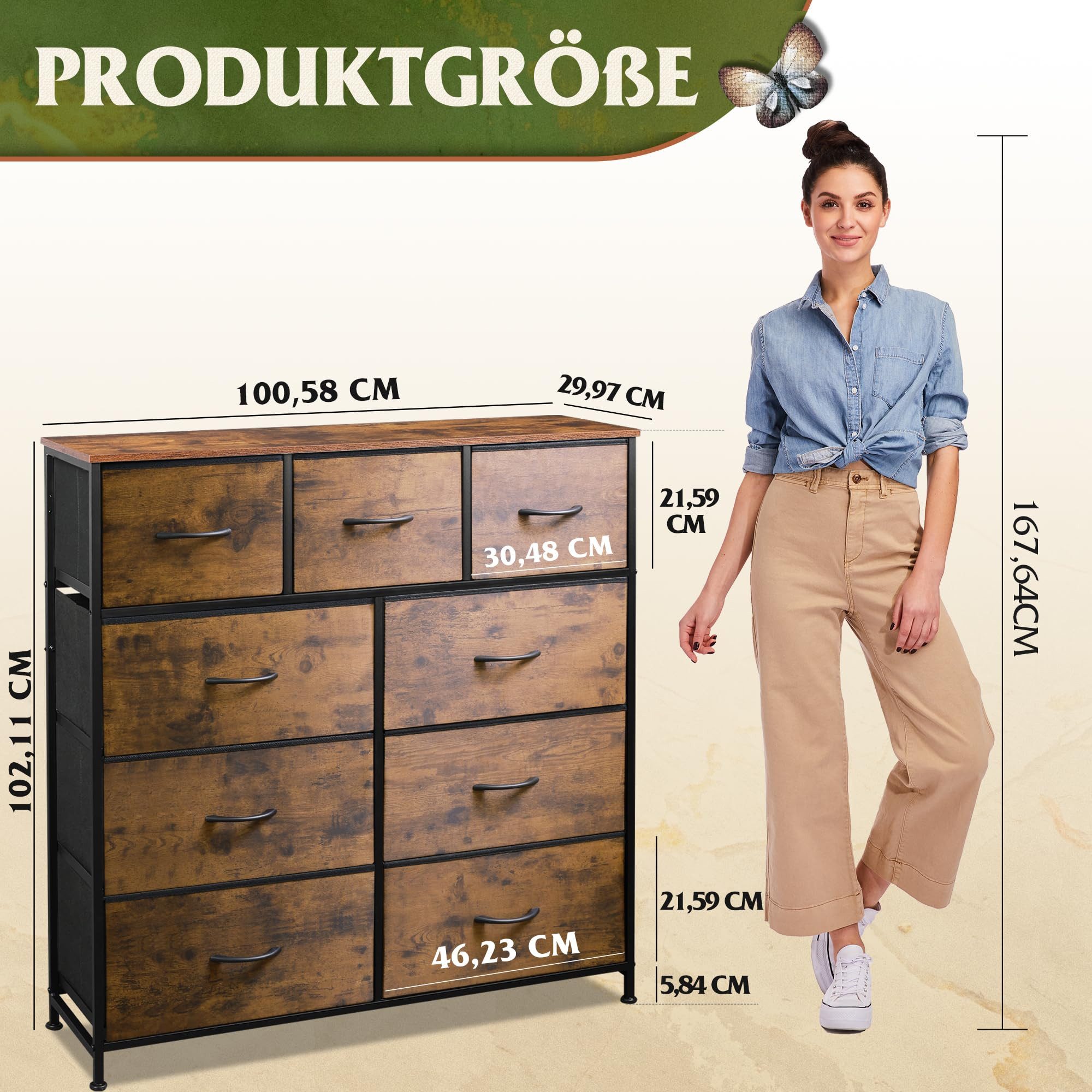WLIVE Kommode 9 Stoffschubladen, Schubladenkommode 100 × 30 × 102 cm (Packung, Stauraumkommode für Schlafzimmer Wohnzimmer Flur), Stahlrahmen & MDF-Holzplatte, Vintagebraun-Schwarz