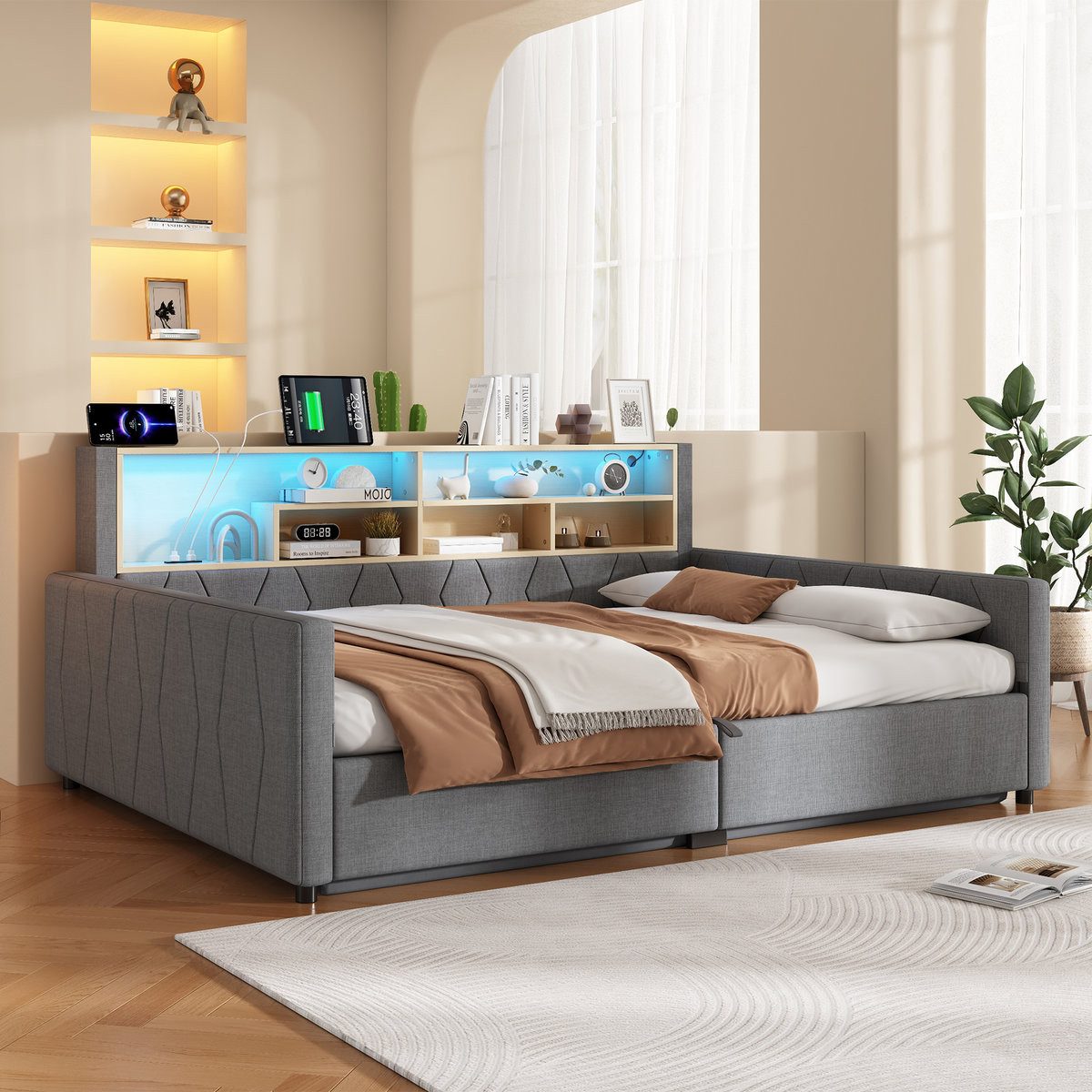 Odikalo Schlafsofa Schlafcouch 90x200 140x200 mit Bettkasten Steckdose LED ohne Matratze, Hydraulische Lagerung, mit USB-Anschluss, Mit LED-Lichtleiste, Leinen, Gewichtskapazität: 170 KG