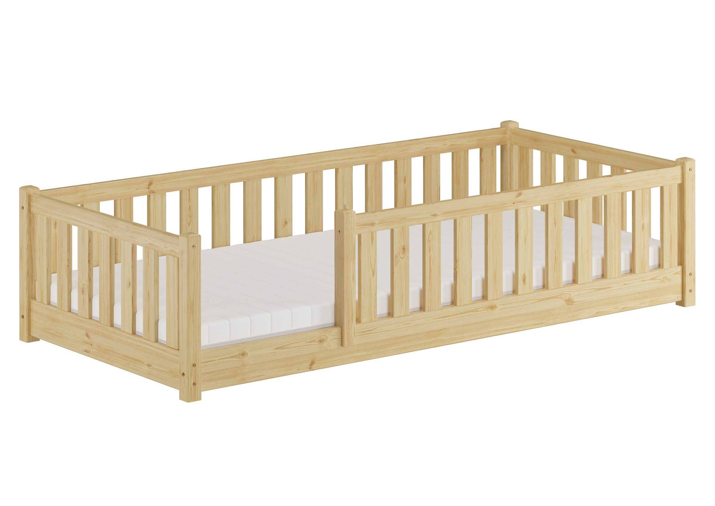 ERST-HOLZ Kinderbett Holzbett Kinderbett 90 x 200 cm Flachbett mit Rundumsicherung Kiefer, Kiefer farblos lackiert