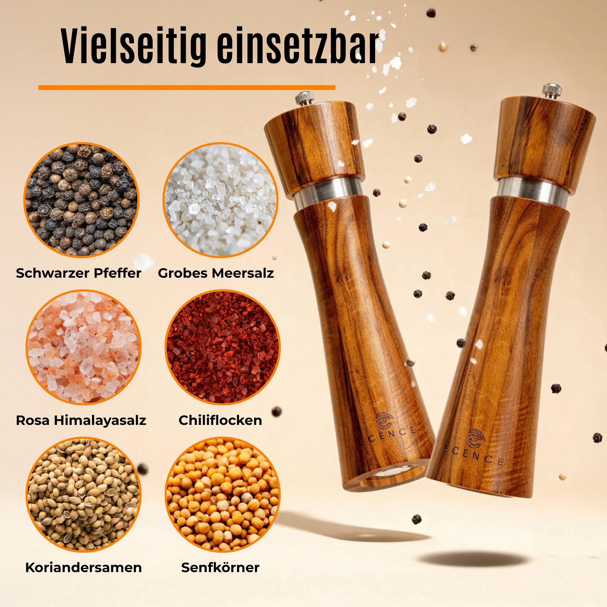ECENCE Salz-/Pfeffermühle Holz 2er Set aus Akazienholz - Gewürzmühle mit Keramikmahlwerk