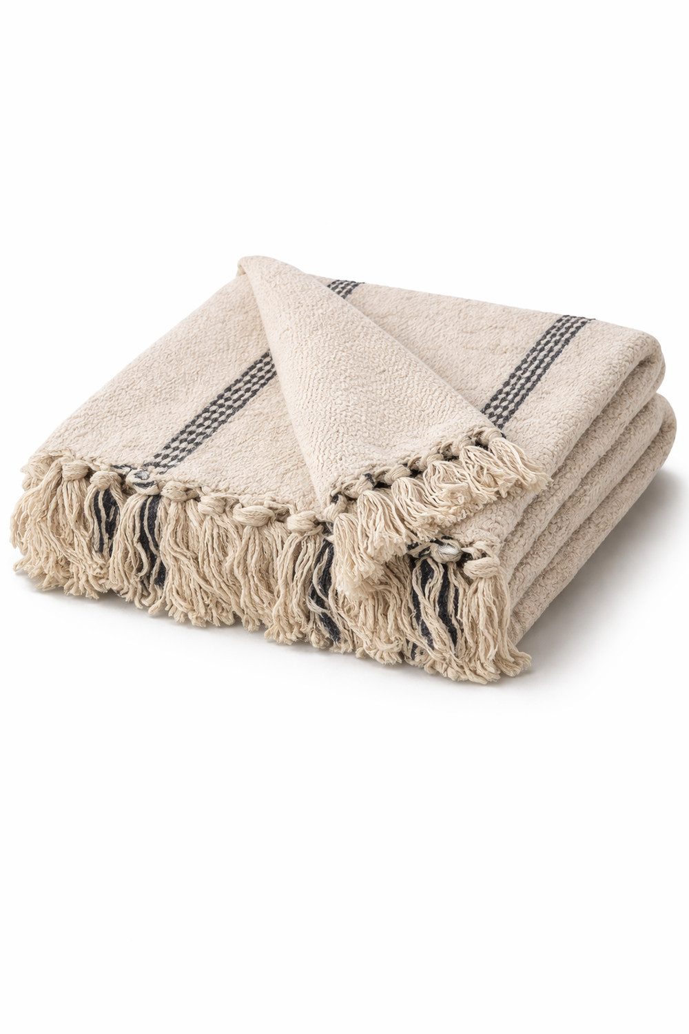 Wohndecke Natural/Black, AU Maison, Stilvolle Baumwolldecke mit Fransen 130x180 cm