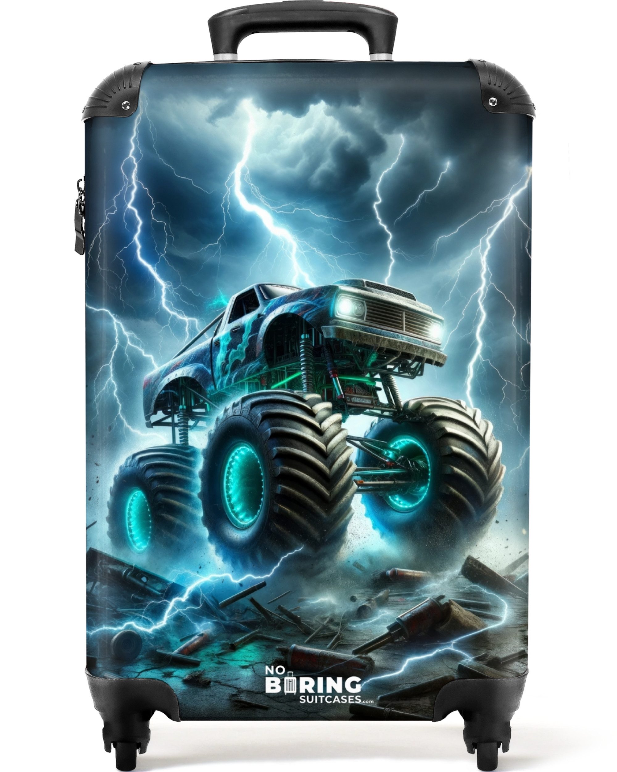 NoBoringSuitcases.com© Kinderkoffer Großer Monstertruck mit blauen Akzenten 55x35x20cm, Handgepäck Koffer, Hartschalenkoffer Kinder, Reisekoffer Jungen