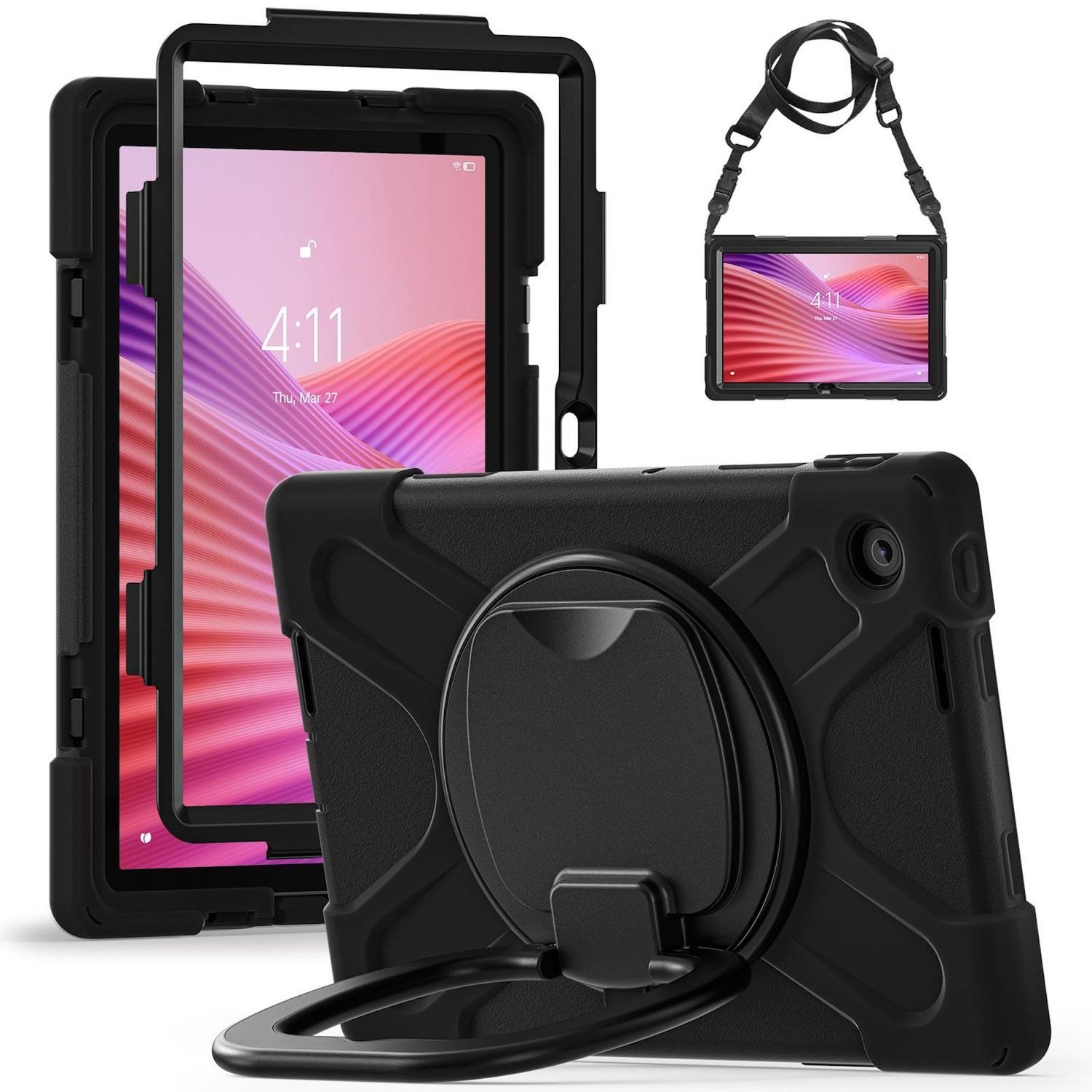 Wigento Tablet-Hülle Für Lenovo Tab M10 4. Gen / Tab 10.1 2025 Hybrid Hülle Halterung Gurt, Hybrides Smart Case mit Schultergurt und 360 Grad Drehfunktion