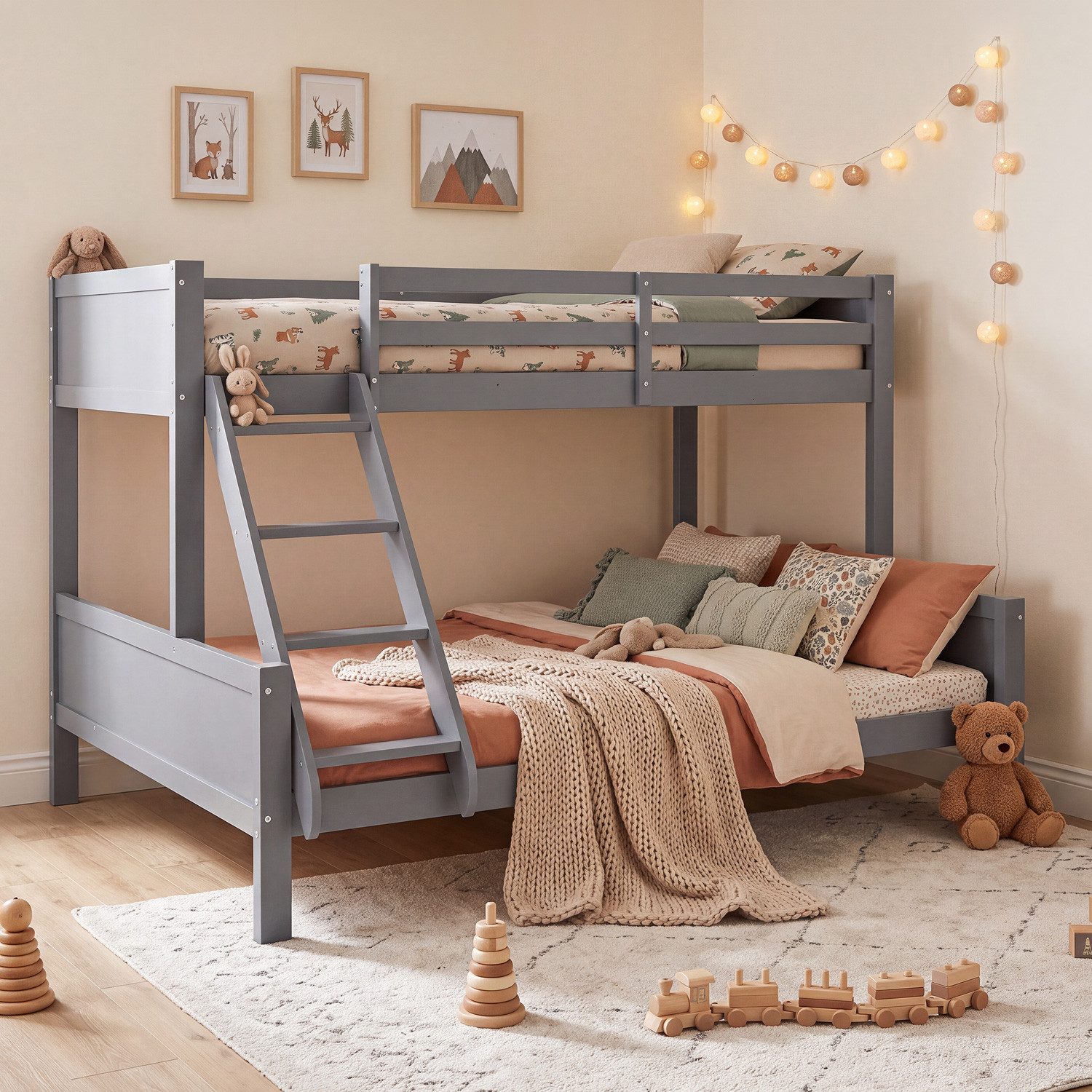 Homestyle4u Etagenbett Kinder 2 140x200 90x200 mit / ohne Matratze Hochbett Geschwisterbett (Set, mit 2x Lattenrost), Grau, Stockbett, 2 Liegeflächen, mit Rausfallschutz
