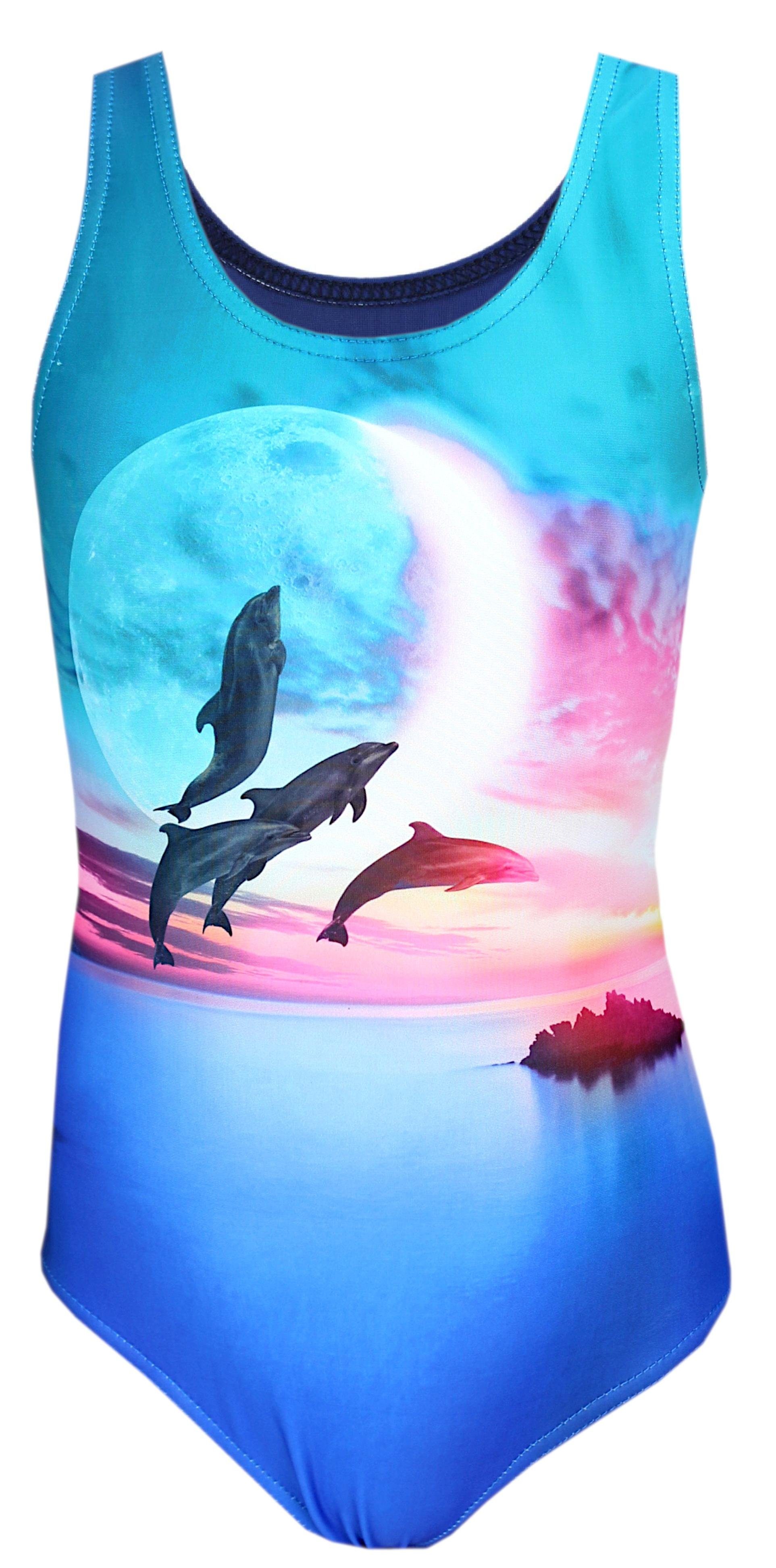Aquarti Badeanzug Aquarti Mädchen Badeanzug mit Ringerrücken Print / Delfine Blau Rosa Mond